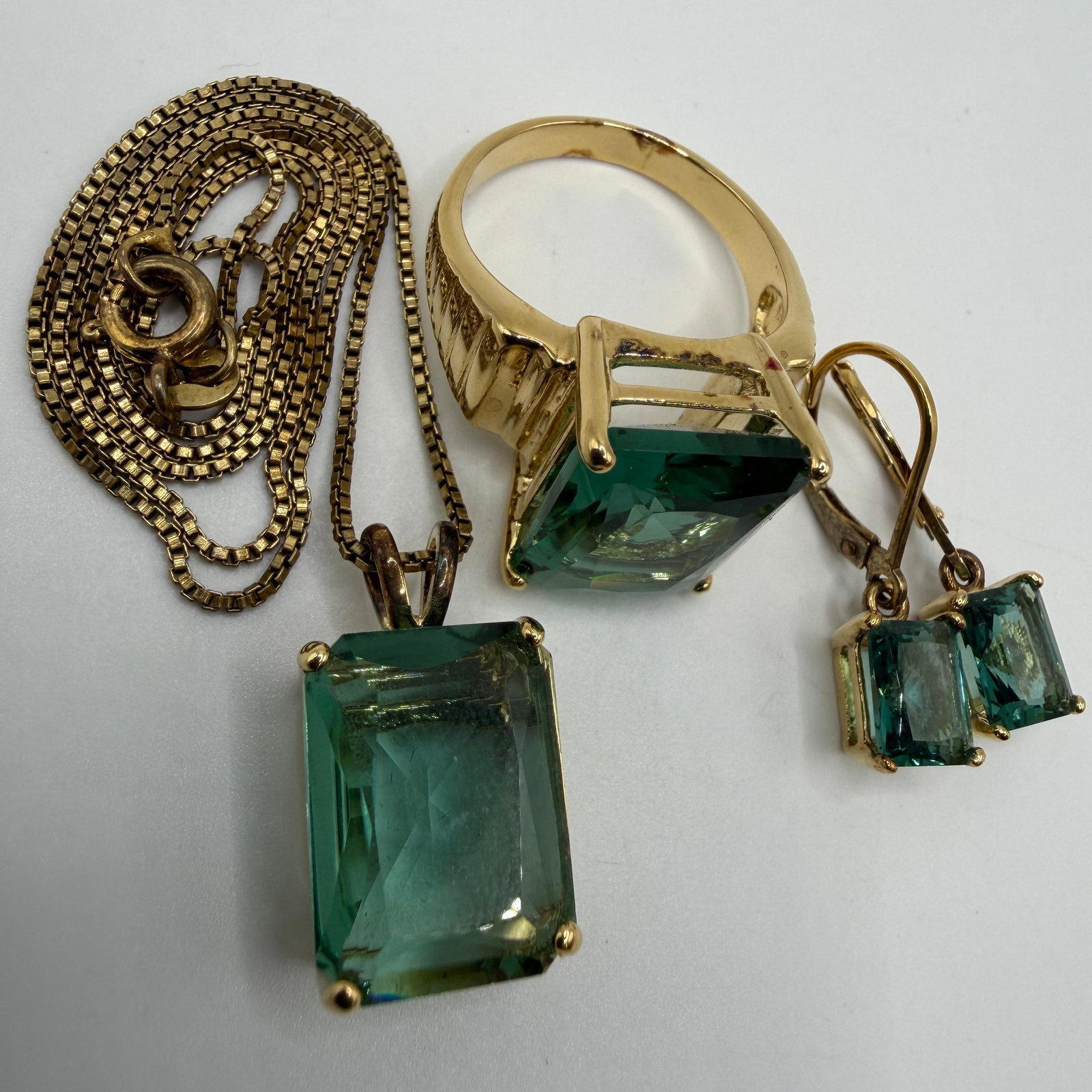 Gold Plated Sterling Jewelry Set Green Tourmaline Emerald Cut Style HH64 (1 of 13)