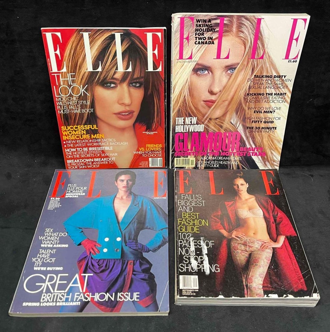Four Vintage Elle Magazines (FC1): This lot contains a Four Vintage Elle Magazines (FC1). The larger magazine is approx 11 3/4" x 8 3/4". Total weight is approx 6.3lbs. Overall the vintage magazines are in good used condition with