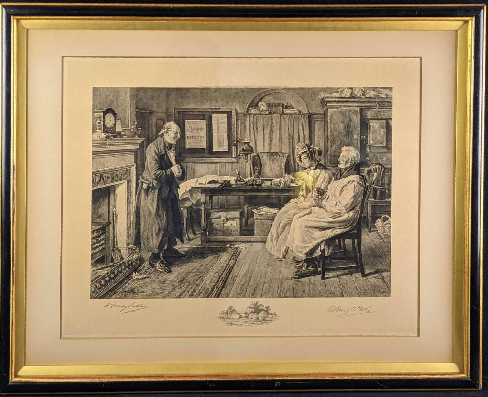James Dobie "Country Clients" Engraving After Walter: "Country Clients" antique engraving, based off an Walter Dendy Sadler original. Is signed in pencil by Walter Dendy Sadler and James Dobie (who created the engraving). The framed engraving is 