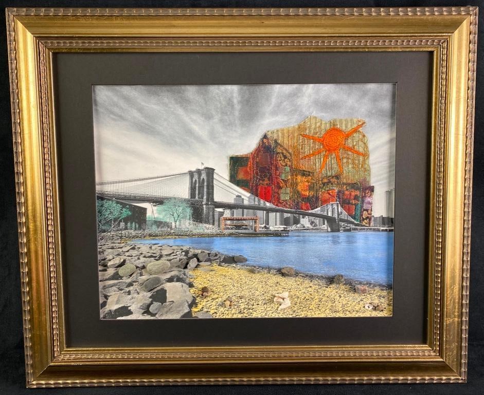 Etta Jean Juge "View From Brooklyn" Mixed Media: Etta Jean Juge "View From Brooklyn" Mixed Media This piece, titled View From Brooklyn, by Etta Jean Juge is a mixed media piece done on paper. It combines a photograph with pebbles, 