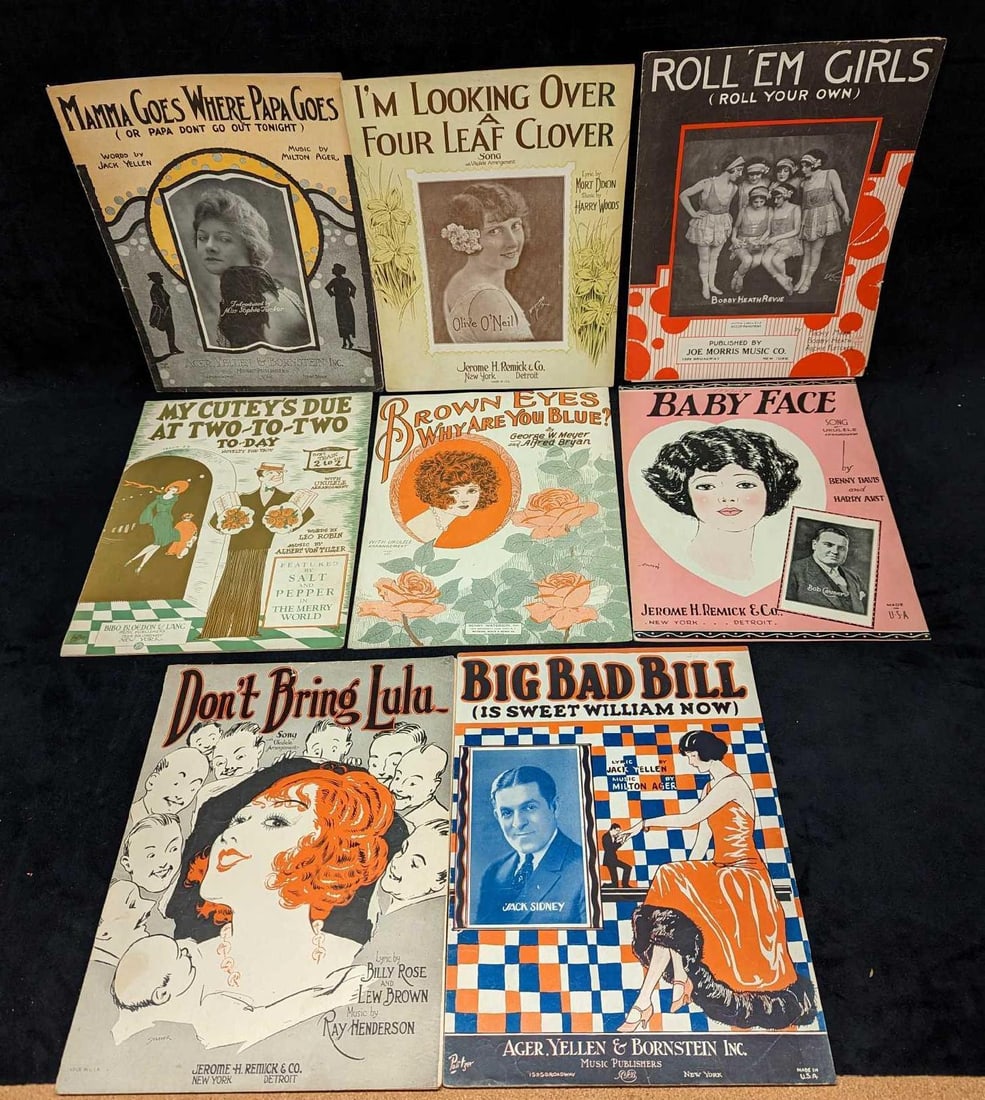 8 Vintage Jazz Sheet Music Big Bad Bill - Is Sweet William Now: This lot includes: (1) Don't Bring Lulu. This was copyrighted in 1921. (1) Big Bad Bill - Is Sweet William Now. This was copyrighted in 1924. (1) My Cutey's Due At Two-To-