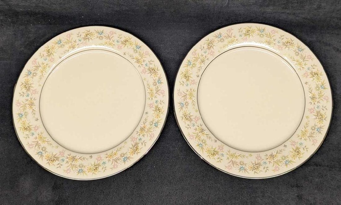2 Retired Noritake Blossom Time Dinner Plates B: 2 Retired Noritake Blossom Time Dinner Plates B. Each plate is approx 10 3/8" x 10 3/8" x 7/8" and the total weight is 2.77 lbs. The bowls have no chips or cracks. The "Blossom Time" design was releas