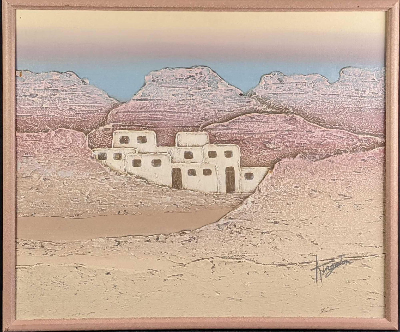 Framed Original Acrylic On Canvas Adobe Houses: Framed Original Acrylic On Canvas Of Adobe Houses. Is signed by the artist on the bottom right. The original is approx 25" x 1" x 21" and is in a good, used condition with a couple of small