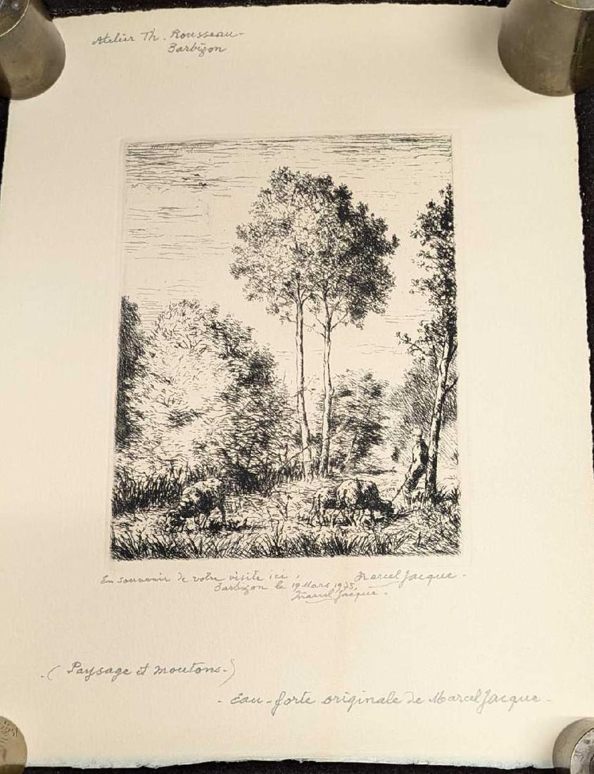 Vintage Signed Marcel Jacque French Sheep Etching: Vintage Signed Marcel Jacque French Sheep Etching. This is approx 10" x 13" and it weighs 0.04lb. There is a mark on the back that bleeds through onto the front of the print. Please note, that th