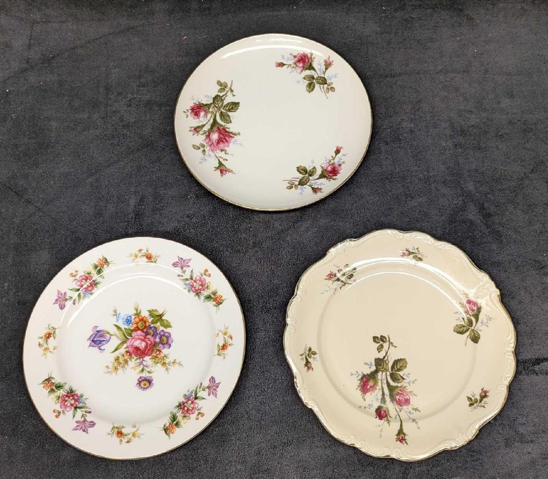 3 Vintage Retired China Floral Salad Plates: 3 Vintage Retired China Floral Salad Plates. This lot includes: (1) Retired Harmony House Fine China Dresdania Salad Plate. This is approx 7 1/2" x 7 1/2" x 3/4". (1) Retired