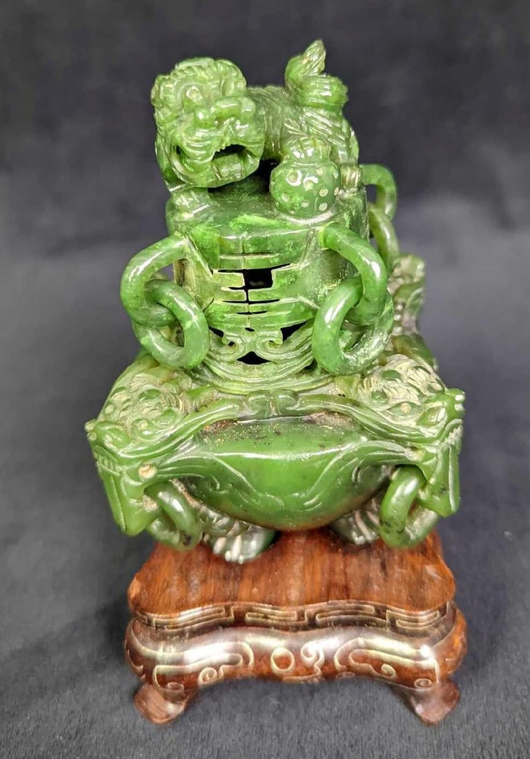 Vintage Jade Foo Dog Incense Burner: Vintage Jade Foo Dog Incense Burner. Comes in three parts: (1) The wooden base. This is approx 3" x 3"x 1 1/4". (1) The burner. This is approx 2 1/2" x 2 1/2" x 2". There is