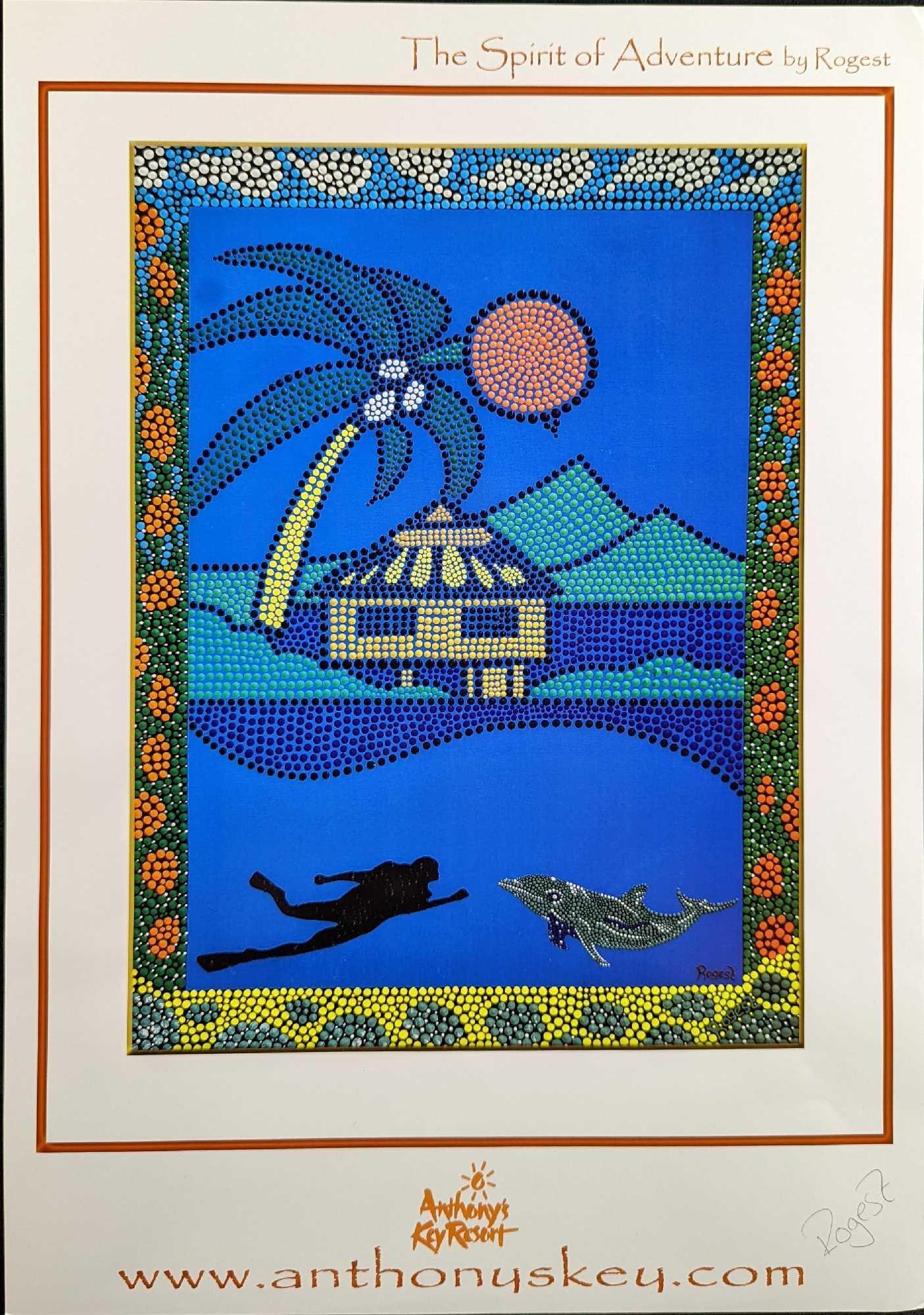 Signed Rogest The Spirit Of Adventure Print: Signed "The Spirit Of Adventure Print" by Ron "Rogest" Steven. This print was created for the "Rotan And Anthony's Key Resort" which is located in the Honduras. The print was signed by the