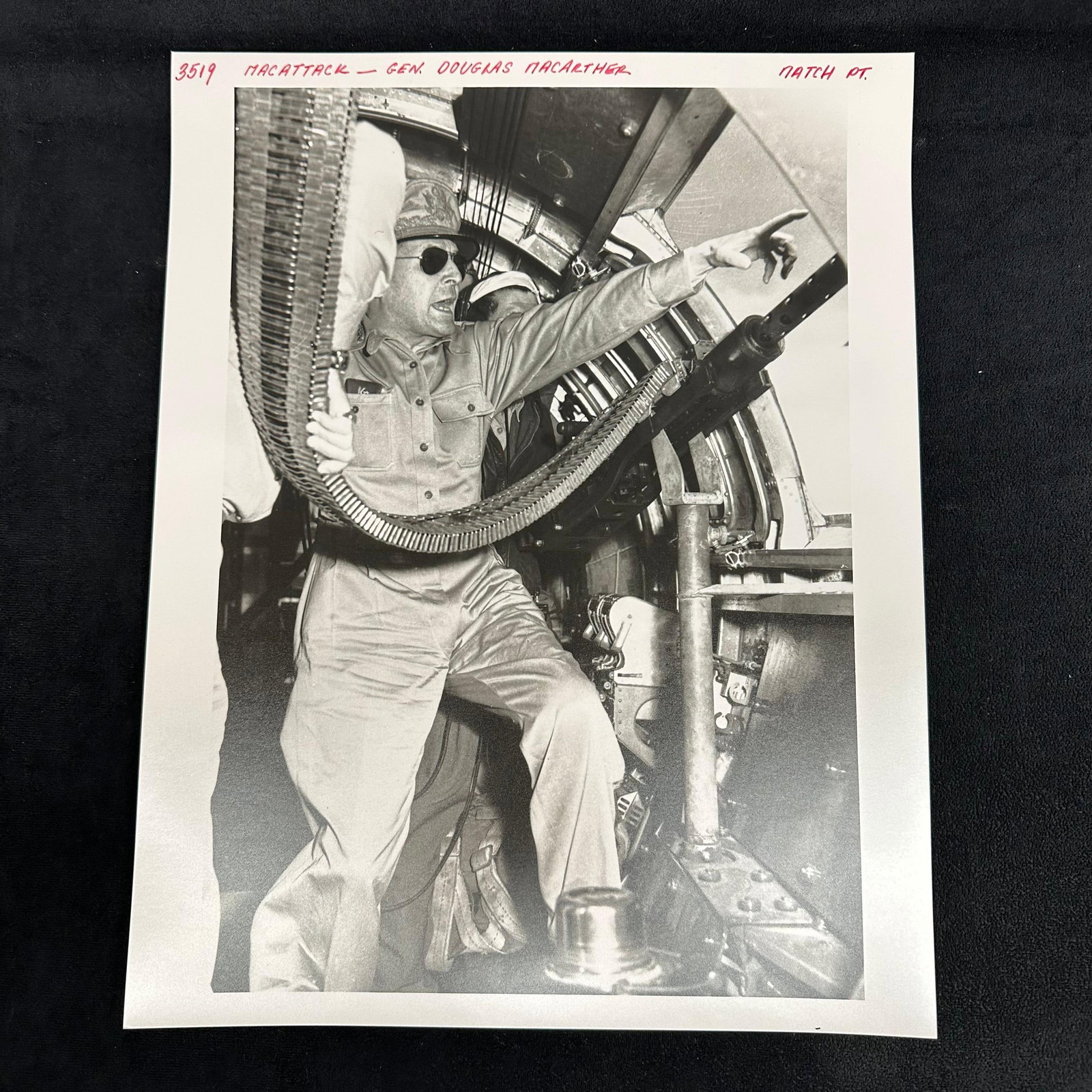 Black and White Analog Photo Print Mac Attack General MacArthur WWII Era: Black and white analog photograph printed on pearl resin-coated photo paper. The image shows General Douglas MacArthur inside a military aircraft during World War II, captured in a dramatic moment as 
