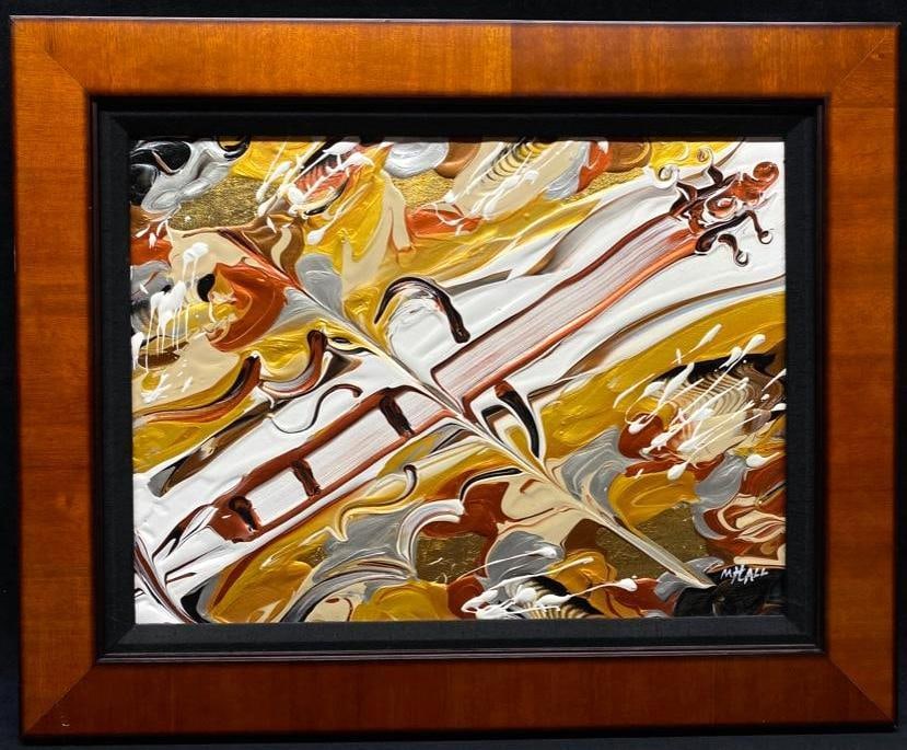Michael Hall "Violin" Original Acrylic on Canvas: Original acrylic on canvas by artist Michael Hall, titled Violin. This piece was completed in 2008, and it signed on both the front and back of the canvas. The piece is professionally framed and
