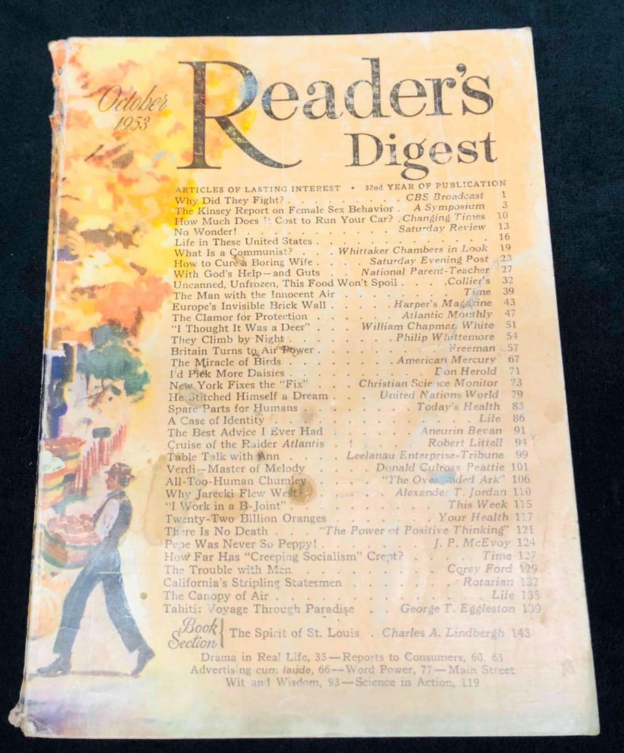 Vintage Copy Of Reader's Digest October 1953 Vol.63 No.378: This lot contains Vintage Copy Of Reader's Digest October 1953 Vol.63 No.378. It is approx 7 1/2" x 5 1/2" and it weighs about 0.3lbs. Overall the book is in good used condition with some wear from