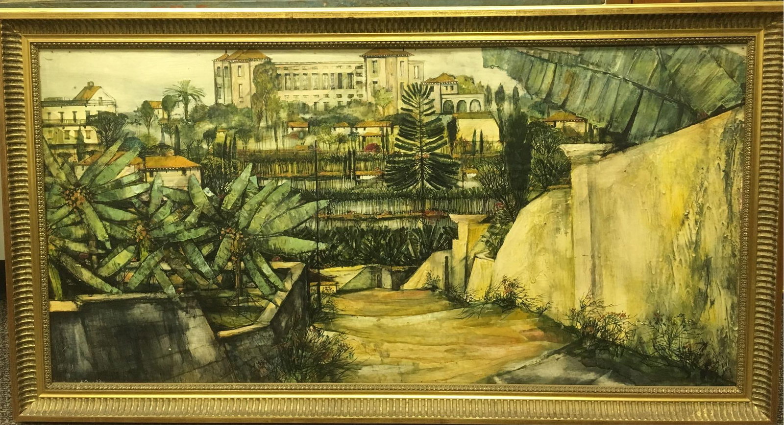 Antony F. Quaddy, 20th Century Oil on Masonite, Mid-Century Painting: This is a British painting from the 20th Century, titled "Puerto de la Cruz Tenerife", dated 1970. It is signed in the lower left side. The piece depicts buildings and