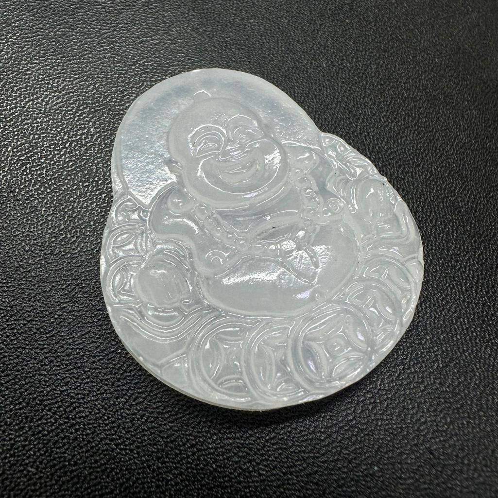 White Jade Buddha Pendant: This piece of jewelry has been tested and researched prior to listing. Please view all our pictures they are part of our description. DETAILS: Metal - none Color - White, slight lavender hue Stones - 