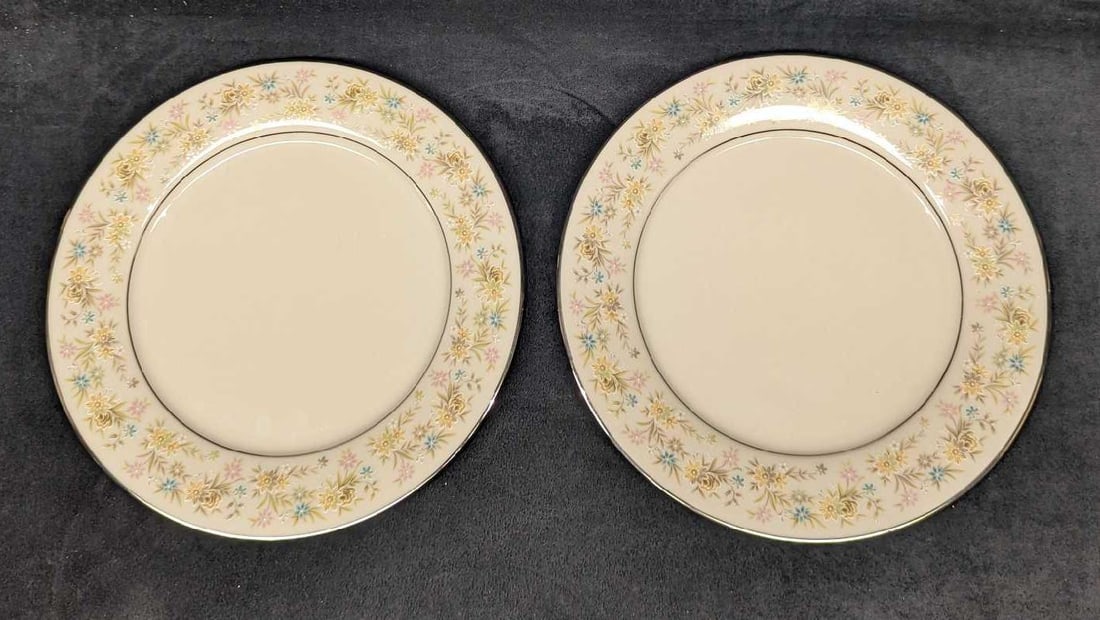 2 Retired Noritake Blossom Time Dinner Plates A: 2 Retired Noritake Blossom Time Dinner Plates A. Each plate is approx 10 3/8" x 10 3/8" x 7/8" and the total weight is 2.71lbs. The bowls have no chips or cracks. The "Blossom Time" design was release