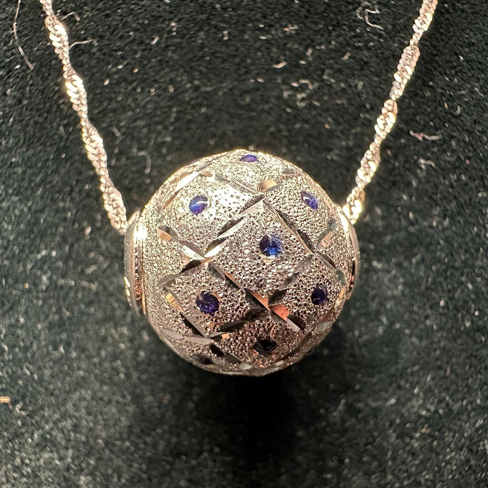 Blue Enamel Dot Motif Textured 14K White Gold SLC Charm Necklace: This item is in good pre-owned, previously used/displayed condition with noticeable light wear and surface scratches. Please reference all photos for full details. This piece of jewelry has been teste