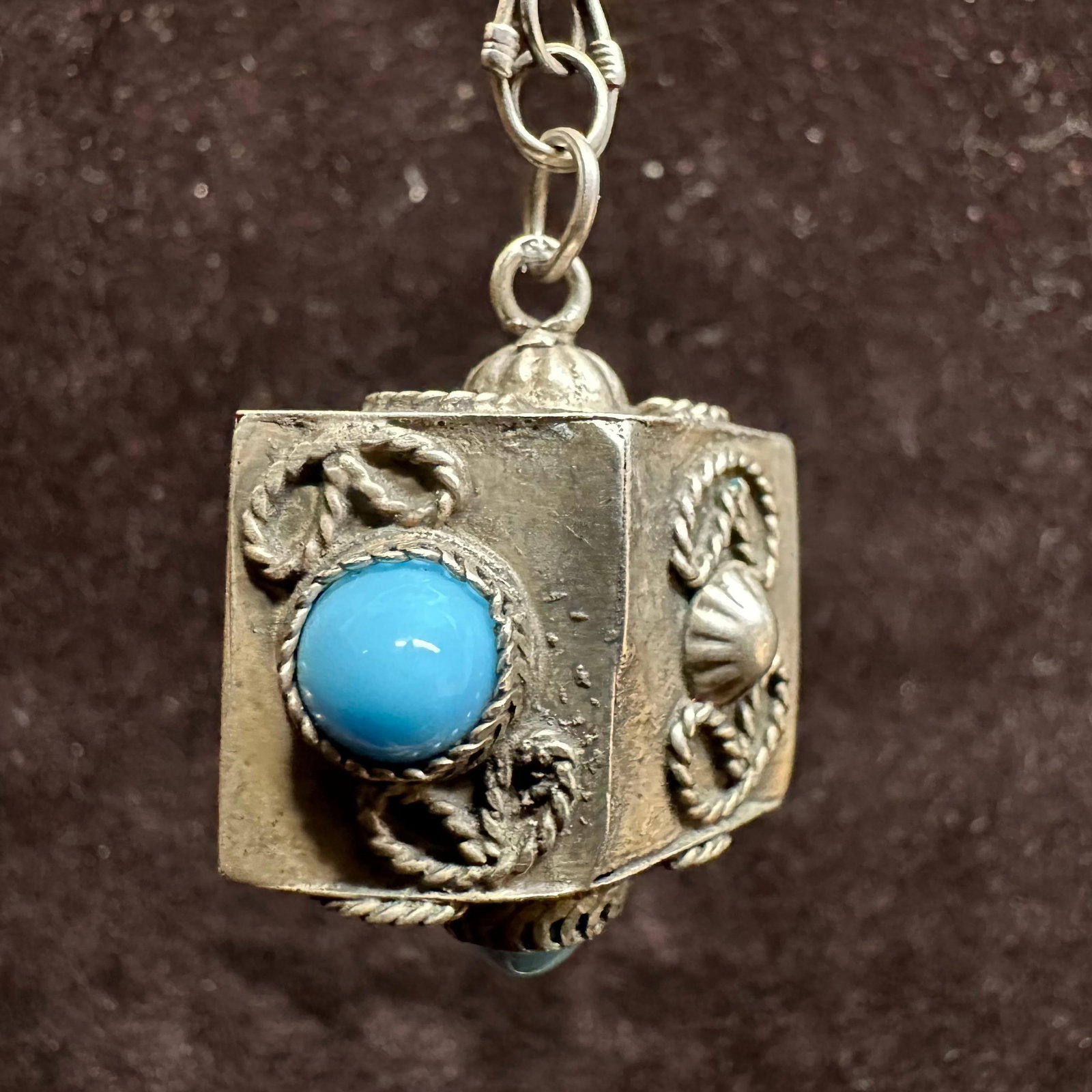 Turquoise Silver Keychain Etruscan Revival Style Fob Charm