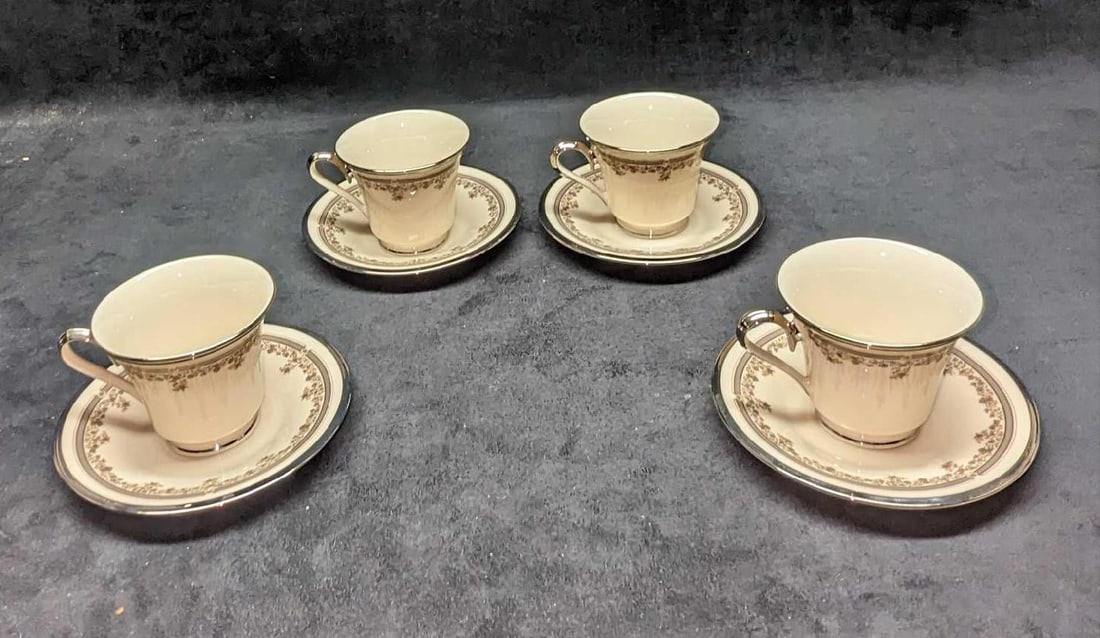 4 Retired Lenox Fine China Lace Point Footed Cup & Saucer Sets C: 4 Retired Lenox Fine China Lace Point Footed Cup & Saucer Sets C. This series was released from the year 1978 to the year 1992. This lot includes: (4) Footed Cup. Each is approx 4 1/2" x 