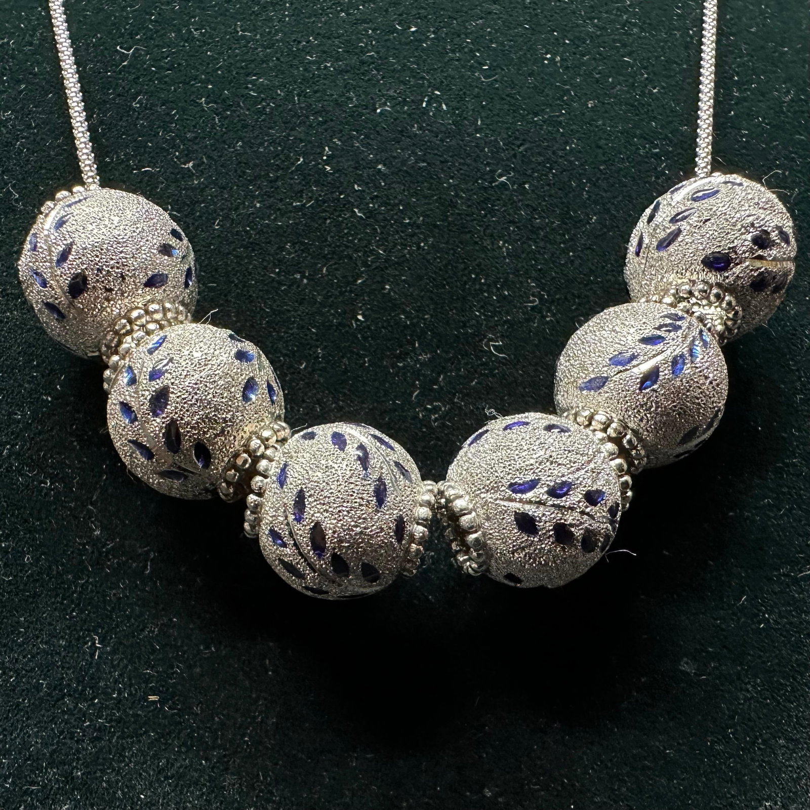 Blue Enamel Leaf Motif Textured 14K White Gold Necklace Six Ball Pendants: This item is in good pre-owned, previously used/displayed condition with noticeable light wear and surface scratches. Please reference all photos for full details. This piece of jewelry has been teste