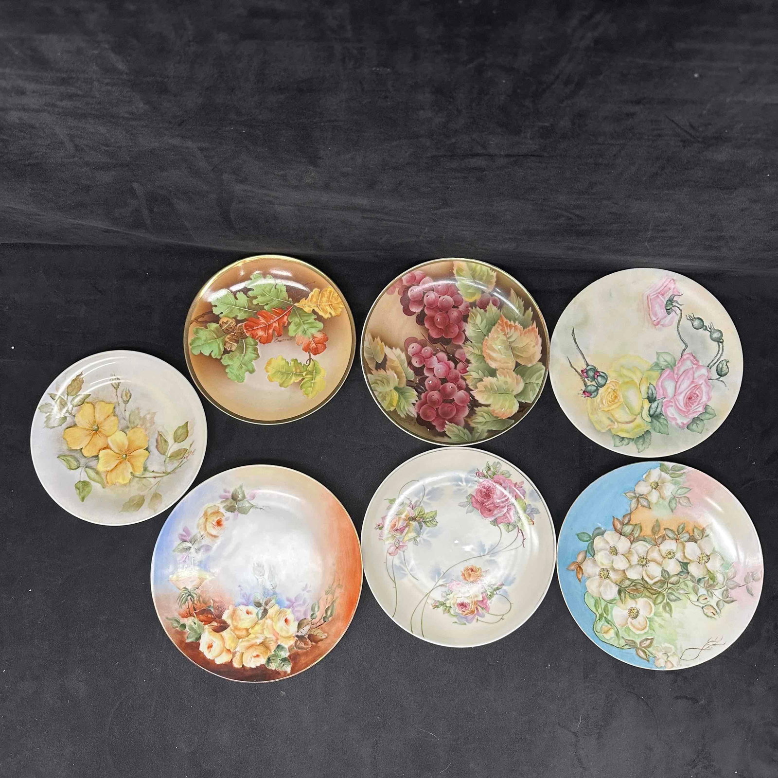Floral Hand Painted Decorative Flower Porcelain Plate Set Seven Plates: Some plates are hand painted. Several plates showcase makers mark on the bottom of the plate. Minor staining and marks throughout each plate due to storage and age. These items are in good pre-owned, 