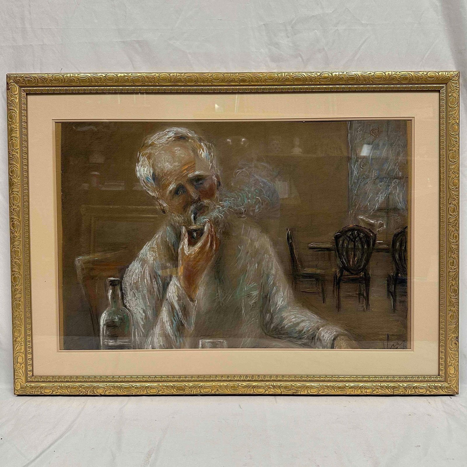 Pastel Drawing of an Old Man Smoking a Pipe Framed Artwork R152: Artist signature in the bottom right corner, artist unknown. This item is in pre-owned, previously displayed condition with normal light wear, frame and artwork have minor imperfections, and surface s
