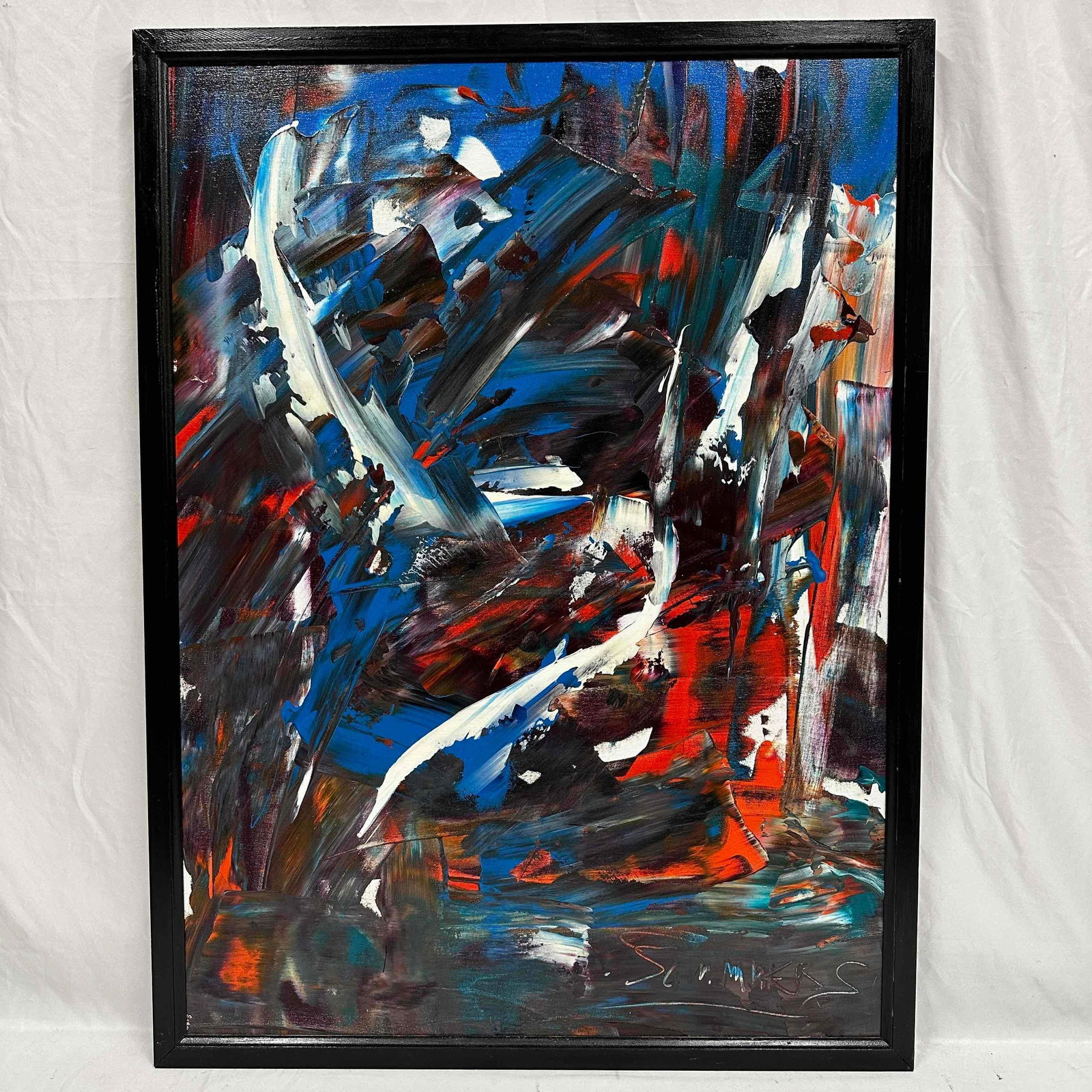 Abstract Expressionism Black Frame Artwork Expressionist Painting JB: This striking abstract painting exemplifies the energy and vibrancy of the Abstract Expressionist movement. The artwork features bold brushstrokes and a dynamic palette of blues, reds, and whites, cre