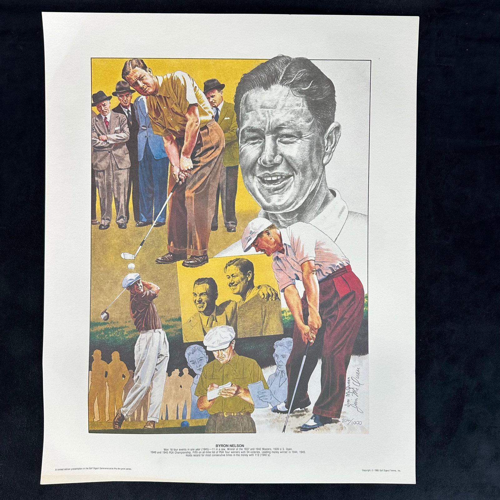 Jim McQueen Signed and Numbered Lithograph Byron Nelson Golf Digest Series #204 of 1000: Limited edition lithograph by Jim McQueen, titled Byron Nelson. Hand-signed and numbered 204/1000 by the artist. Published in 1985 as part of the Golf Digest Commemorative Pro-Print series. Features a