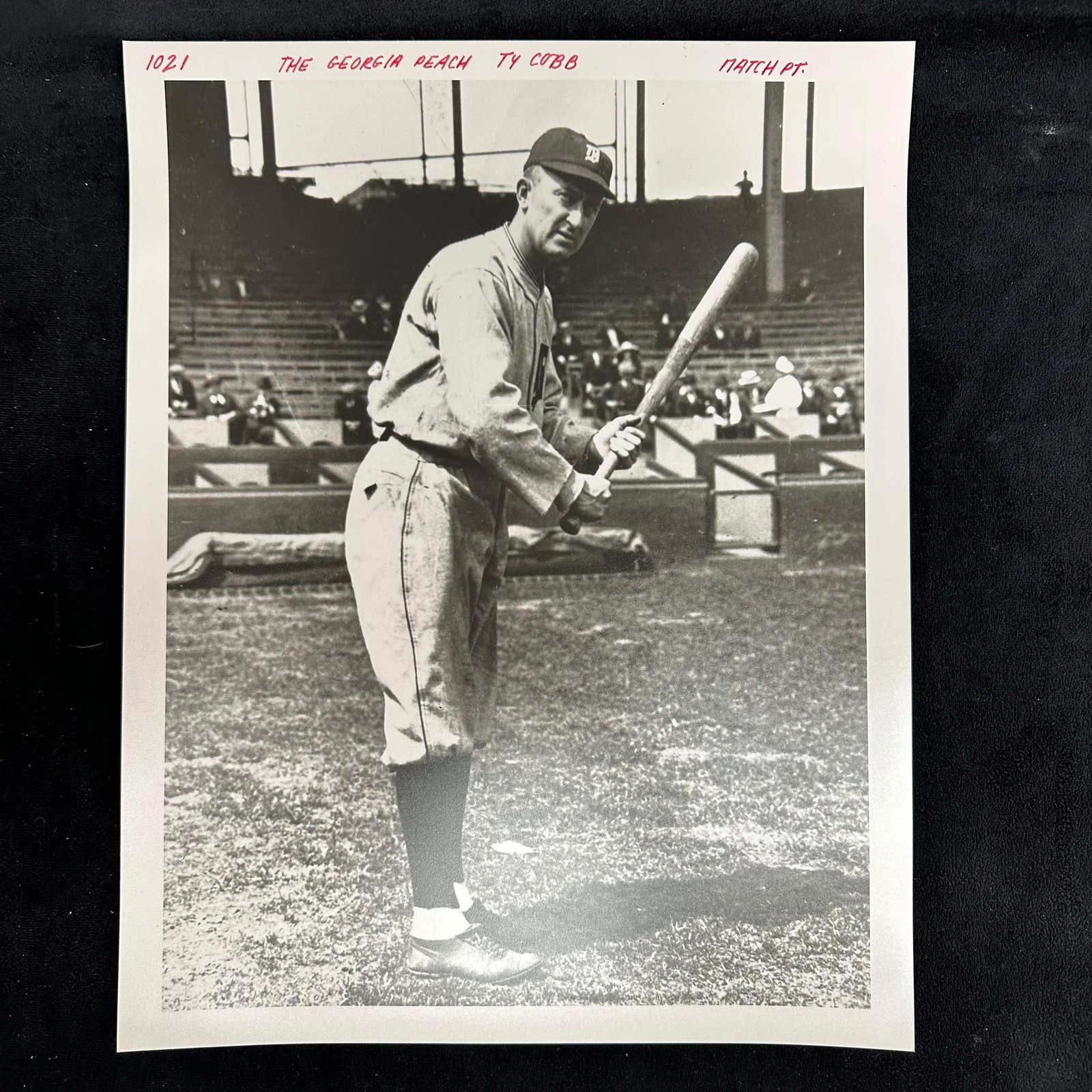 Ty Cobb The Georgia Peach Analog Photograph Print Pearl Resin Coated Paper: Black and white vintage photograph print of baseball legend Ty Cobb, shown at bat in uniform with the Detroit Tigers. The image is printed on pearl resin-coated paper, giving it a semi-gloss finish. T