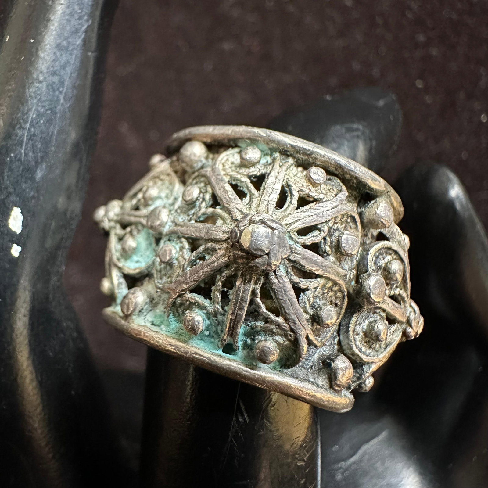 Etruscan or Balinese Style Silver Filigree Granulation Ring Size 9: This item is in good pre-owned, previously used/displayed condition with noticeable light wear and surface scratches. Please reference all photos for full details. This piece of jewelry has been teste