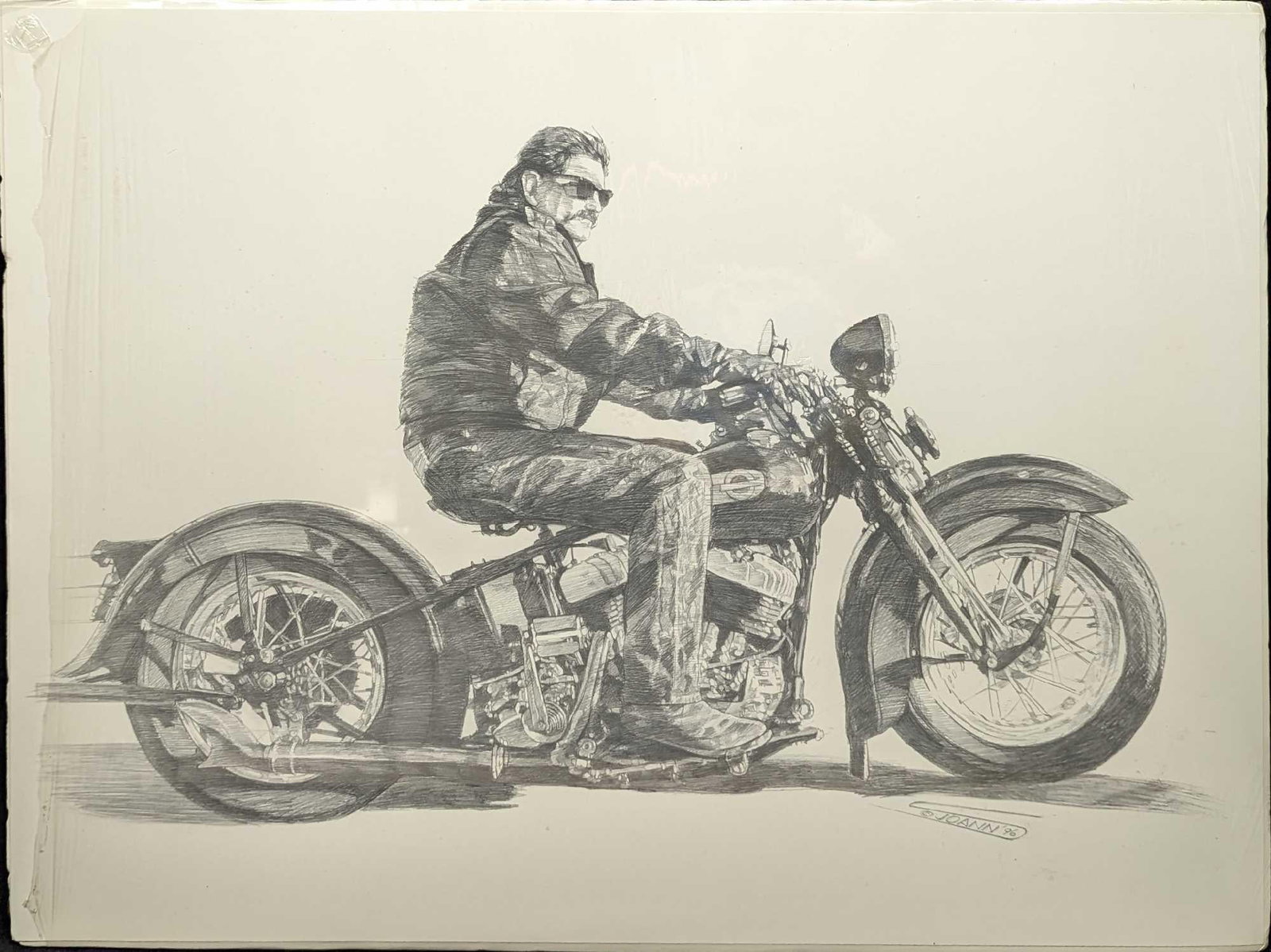 Motorcycle Biker Joann Print: Motorcycle Biker Joann Print. This print is approx 24" x 18" and it weighs 0.57lb. The print has its original wrapping, and the left side is ripped open. There are also some creases on the edges of