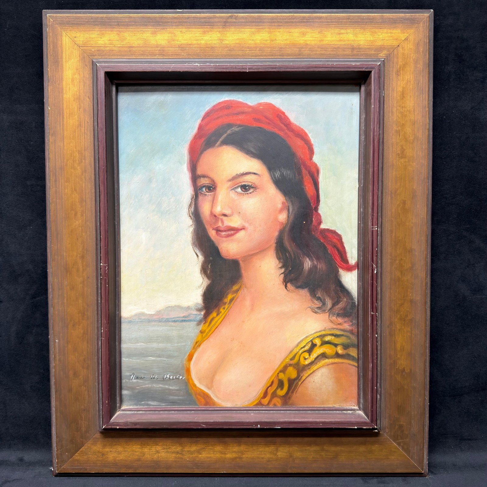 Heinz Wilhelm Becker Artwork Framed Portrait of Young Woman R240: Art, oil on board portrait of a young woman wearing a red headscarf with a coastal landscape in the background. Signed Heinz W. Becker lower left. Housed in a decorative wood frame with gold-tone oute
