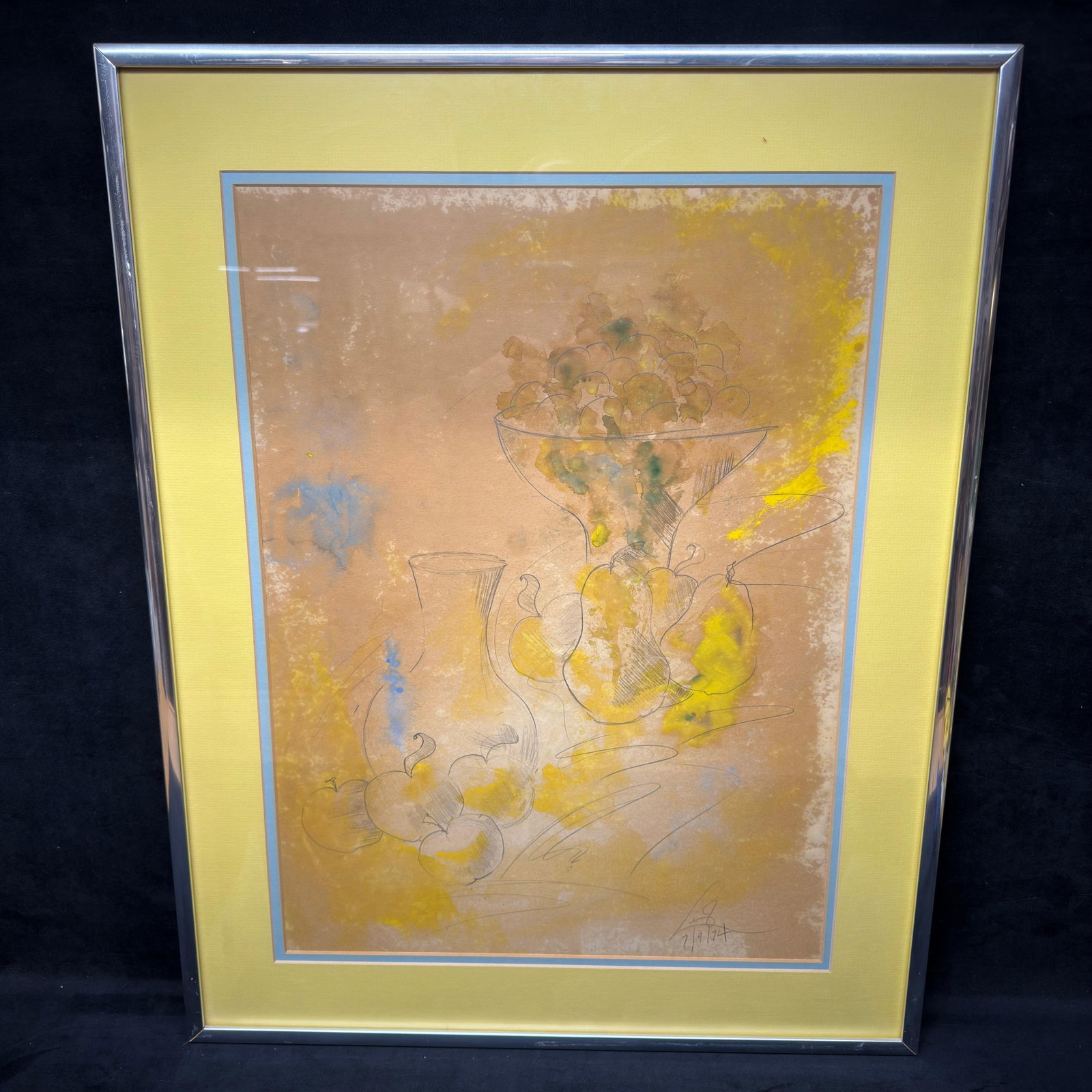 Signed Contemporary Mixed Media Still Life Drawing Watercolor Style: Original contemporary mixed media still life depicting fruit and a compote with loose sketch lines and soft watercolor-like washes in yellow, blue, and earth tones. Signed and dated 7/9/74 in the lowe