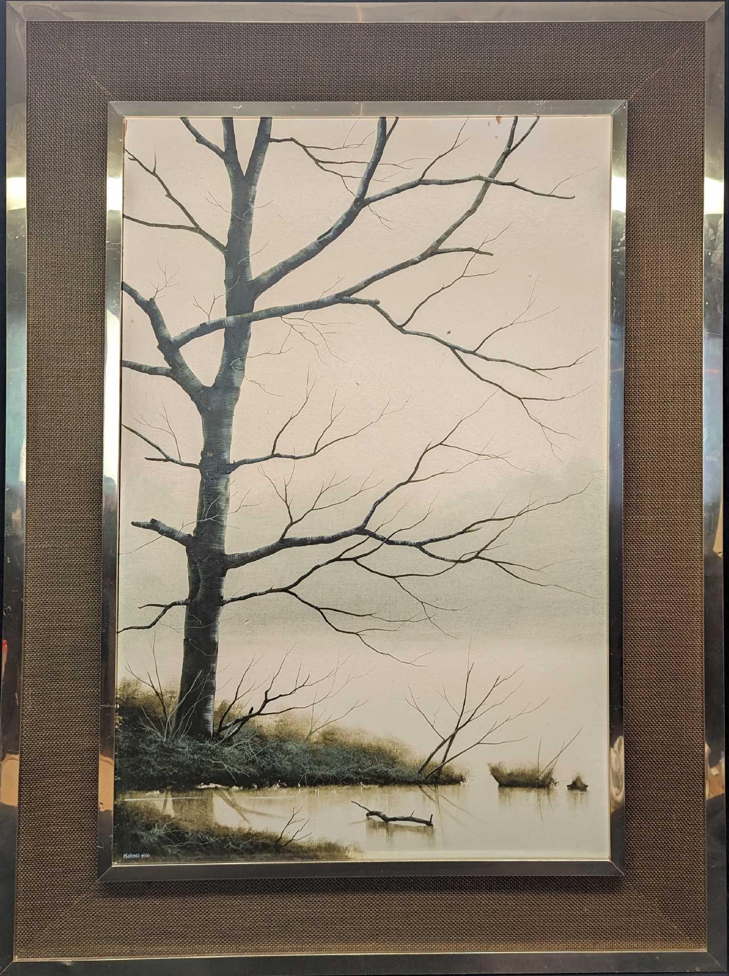 Framed Michael Hill Print On Panel Barren Tree: Framed Michael Hill Print On Panel Barren Tree. The framed print is approx 29 1/2" x 3/4" x 39 3/8" and it weighs 12lbs. The print is approx 19 3/4" x 29 7/8". The framed print has some scr
