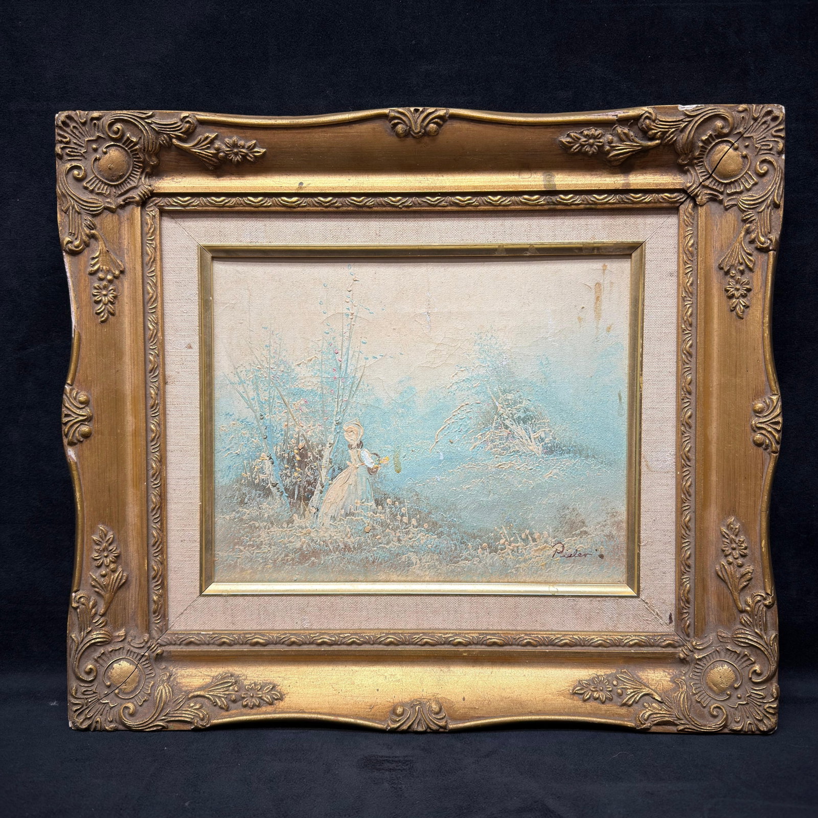 Signed Pieler Impressionist Winter Landscape Oil on Canvas Framed: Original oil on canvas depicting a young woman carrying a basket through a snowy winter landscape rendered in an impressionistic palette of soft blues and whites with a textured palette. Signed lower 