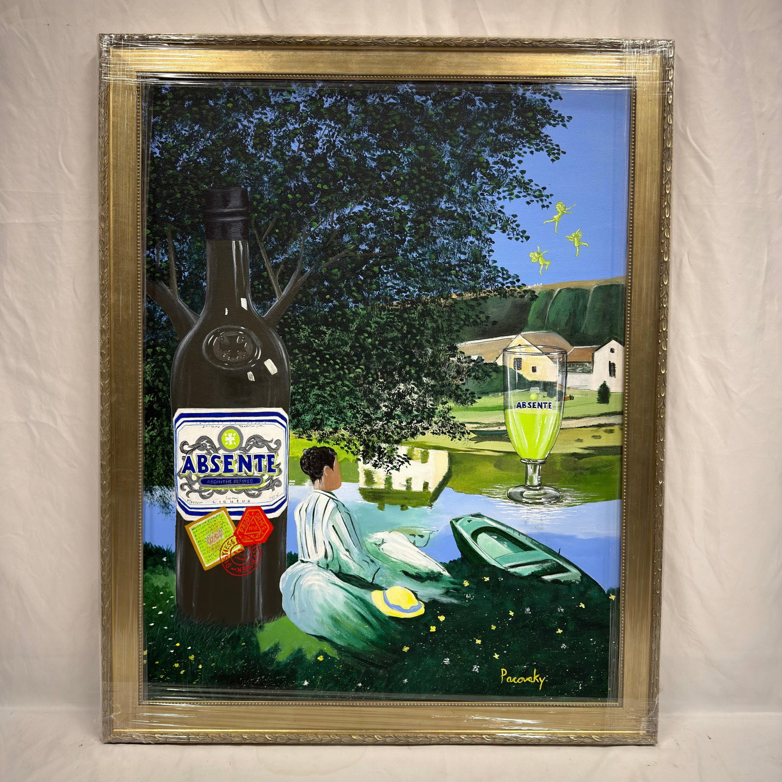 Signed Pacovsky Surrealist Absinthe Landscape Painting on Canvas: Original acrylic on canvas painting, signed Pacovsky. Original signed painting on canvas depicting a surrealist landscape featuring an oversized Absente bottle and matching absinthe glass overlooking 