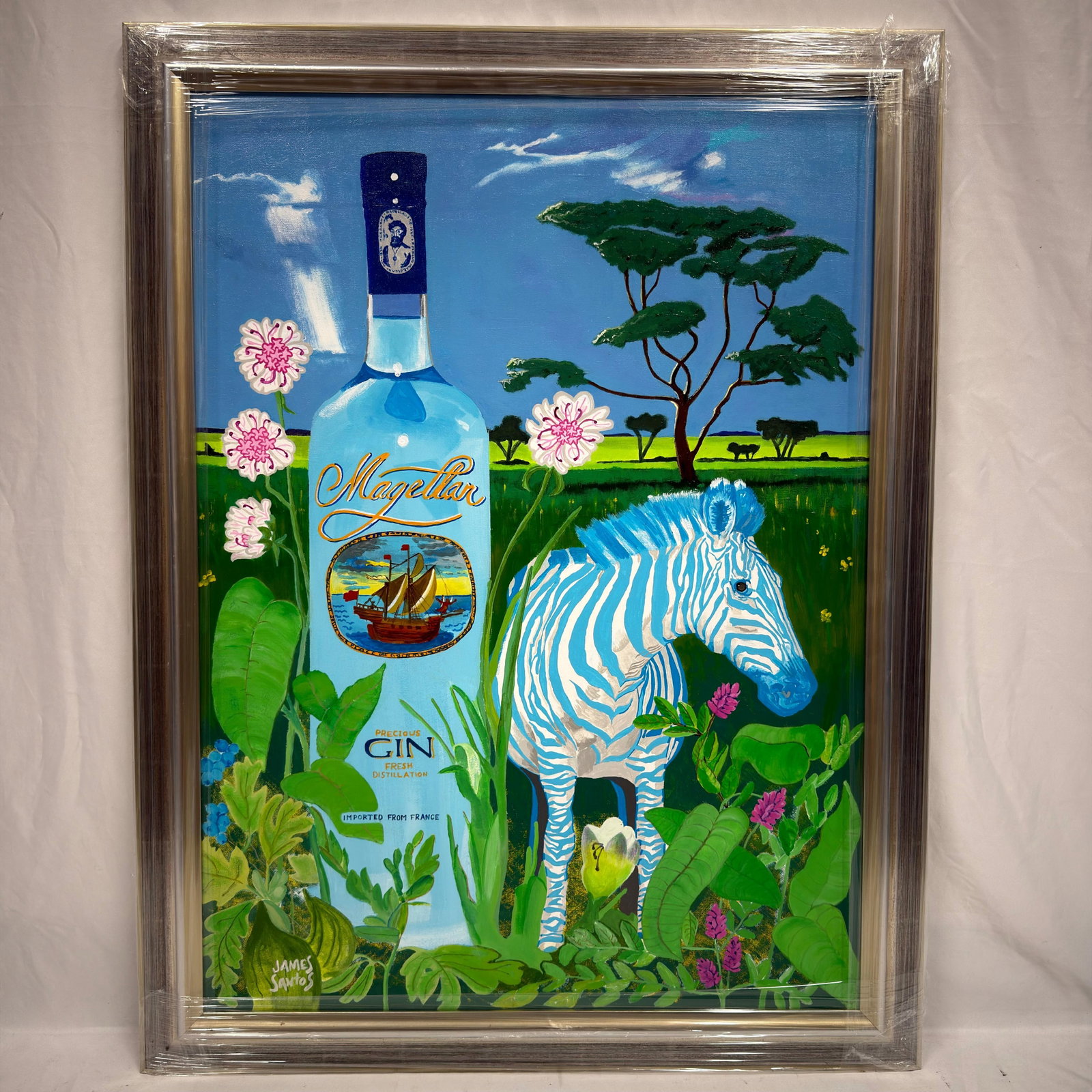 James Santos Original Framed Acrylic Painting of Zebra and Magellan Gin Bottle: Original acrylic painting on canvas by James Santos, signed lower left. This colorful contemporary composition depicts a blue-and-white zebra beside a Magellan Gin bottle in a lush landscape with flow
