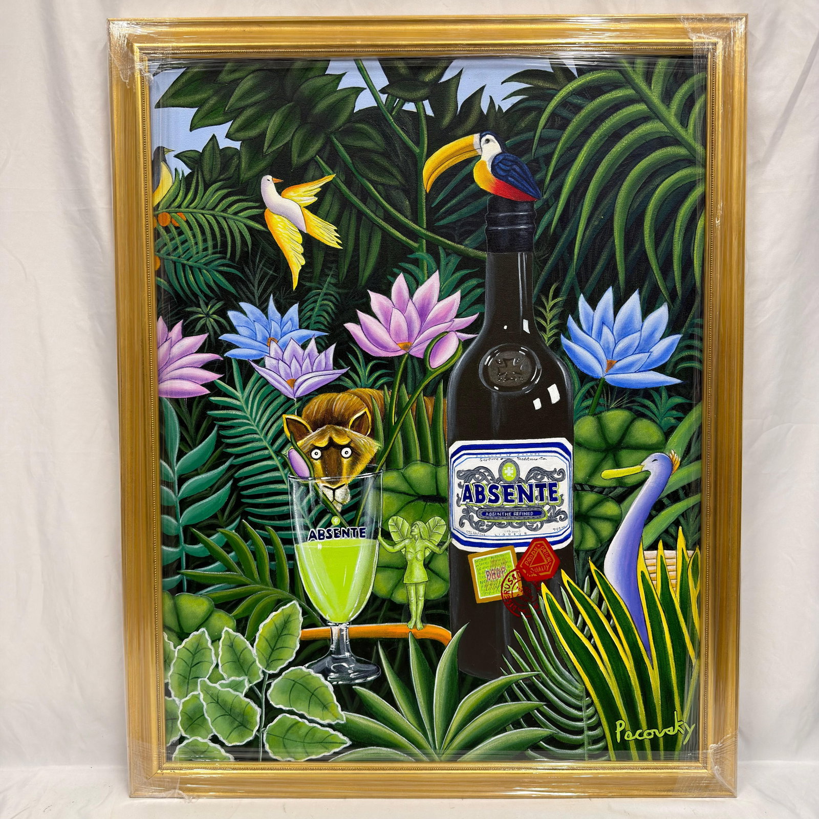 Signed Pacovsky Acrylic on Canvas Tropical Absinthe Still Life with Toucan: Original acrylic on canvas painting signed Pacovsky lower right. This colorful tropical composition features an Absente bottle and glass surrounded by lush jungle foliage, tropical birds, water lilies