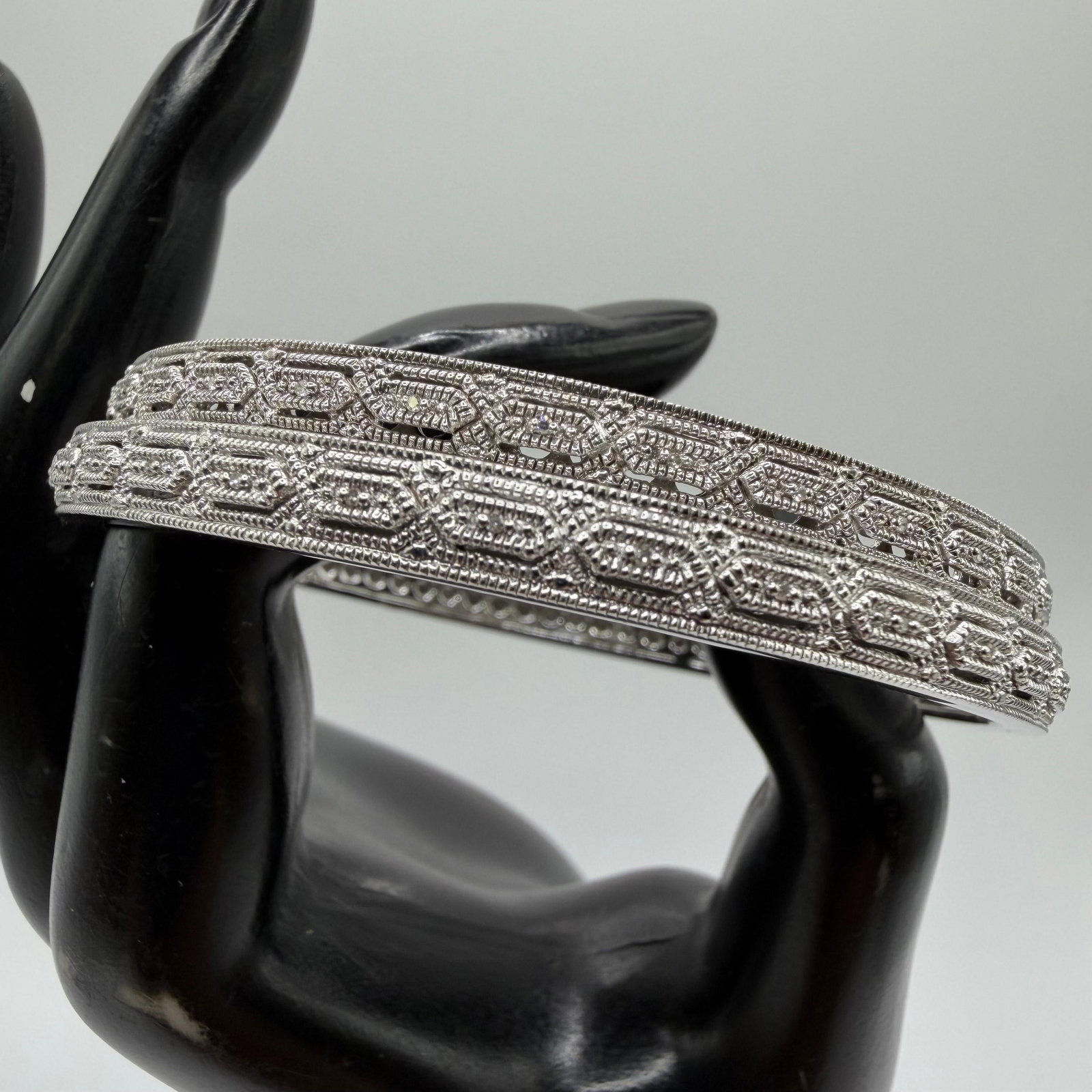 Geometric Patterned Pave Design Sterling Silver Bangle Bracelet Set ER18