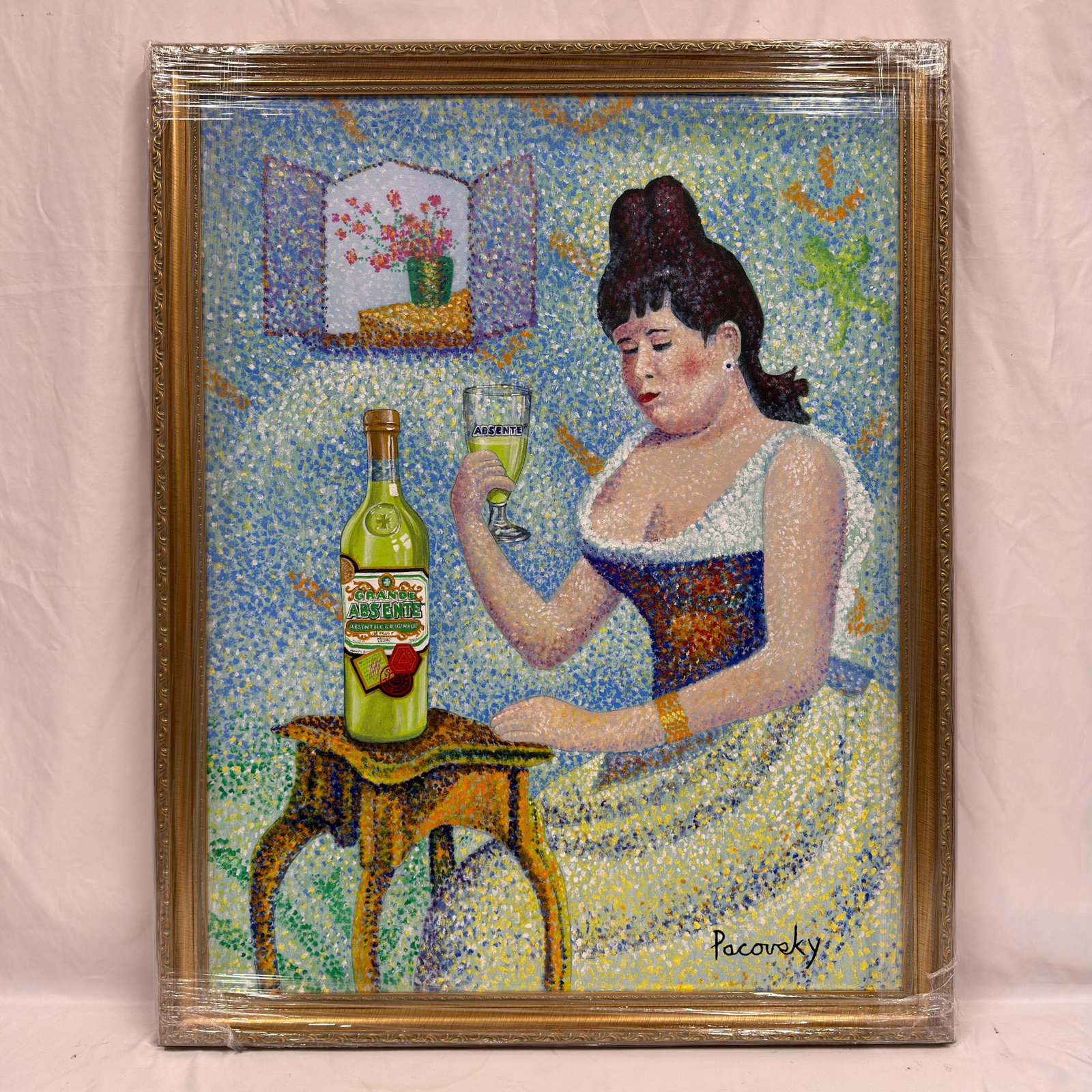 Signed Pacovsky Acrylic on Canvas Pointillist Woman with Absinthe: Original acrylic on canvas painting signed Pacovsky lower right. Executed in a pointillist-inspired style, this whimsical interior scene depicts a seated woman holding a glass of absinthe beside a bot