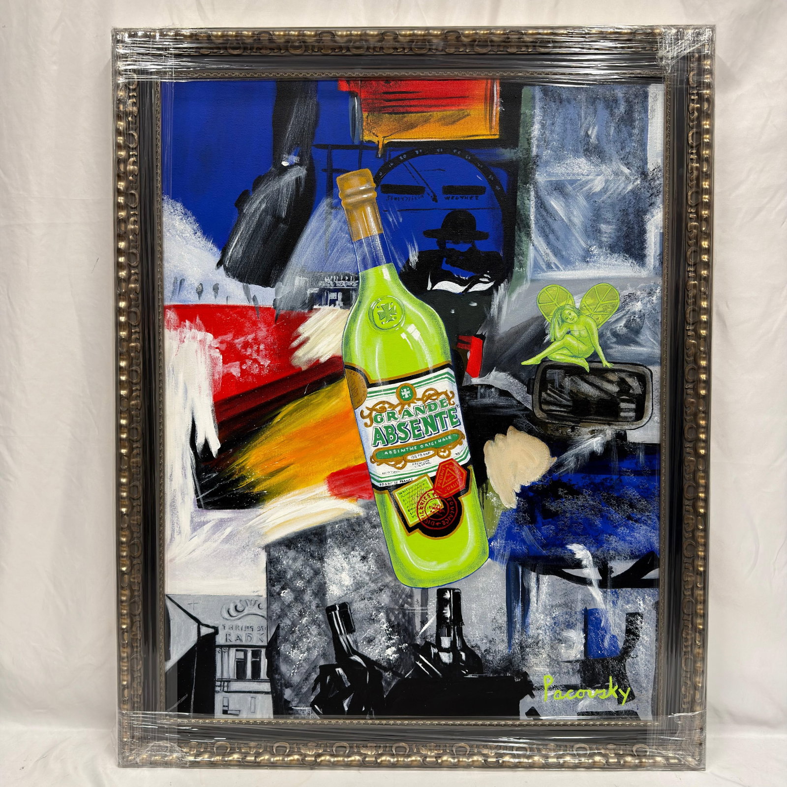 Abstract Acrylic on Canvas Grande Absente Collage Signed Pacovsky: Original acrylic on canvas painting signed Pacovsky lower right. This contemporary abstract composition features a prominently rendered Grande Absente absinthe bottle set against an expressive mixed-m