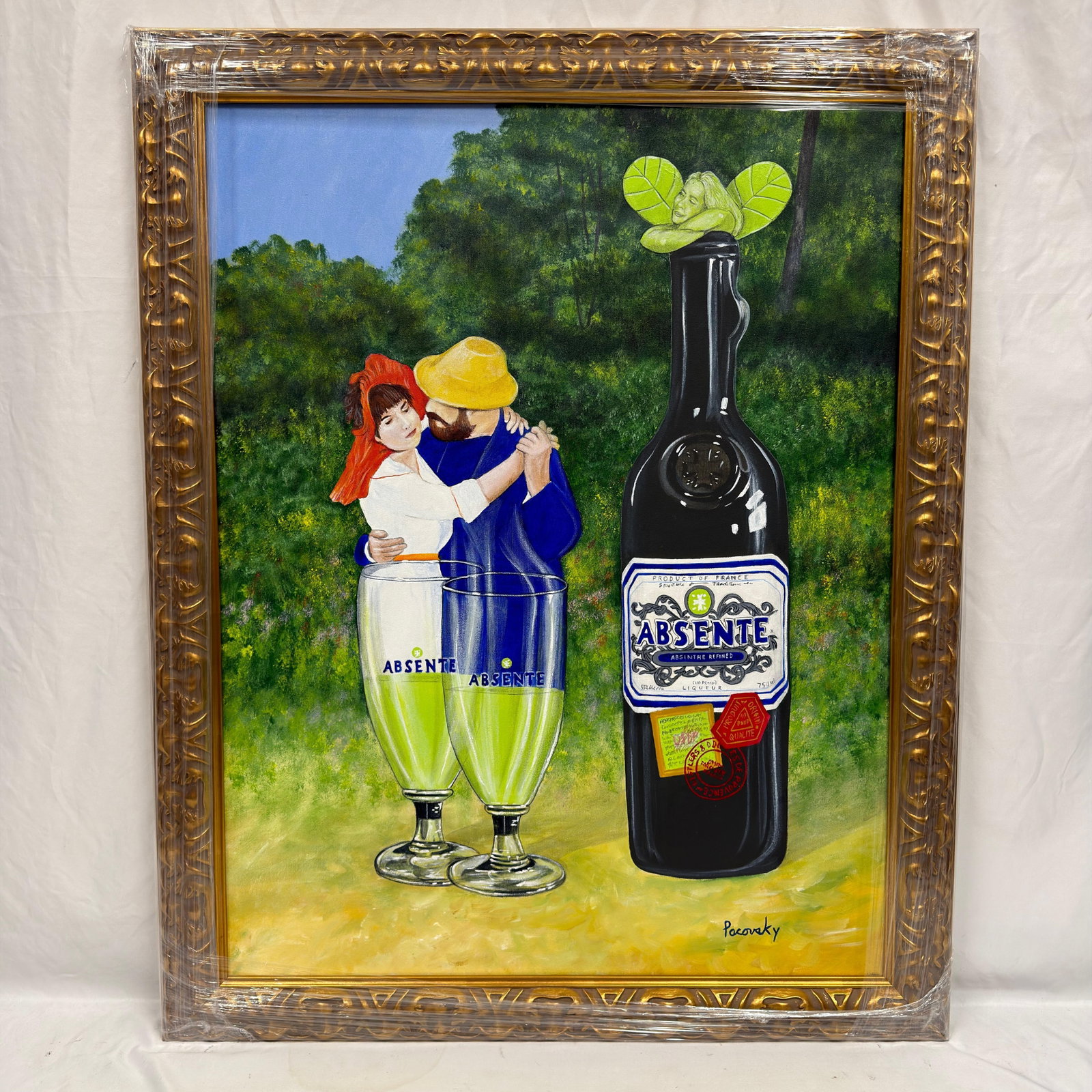 Signed Pacovsky Acrylic on Canvas Absente Renoir Surrealist Painting: Original acrylic on canvas painting signed Pacovsky lower right. Homage to Renoir. This item is in pre-owned, previously displayed condition with light wear and surface scratches. Please reference all