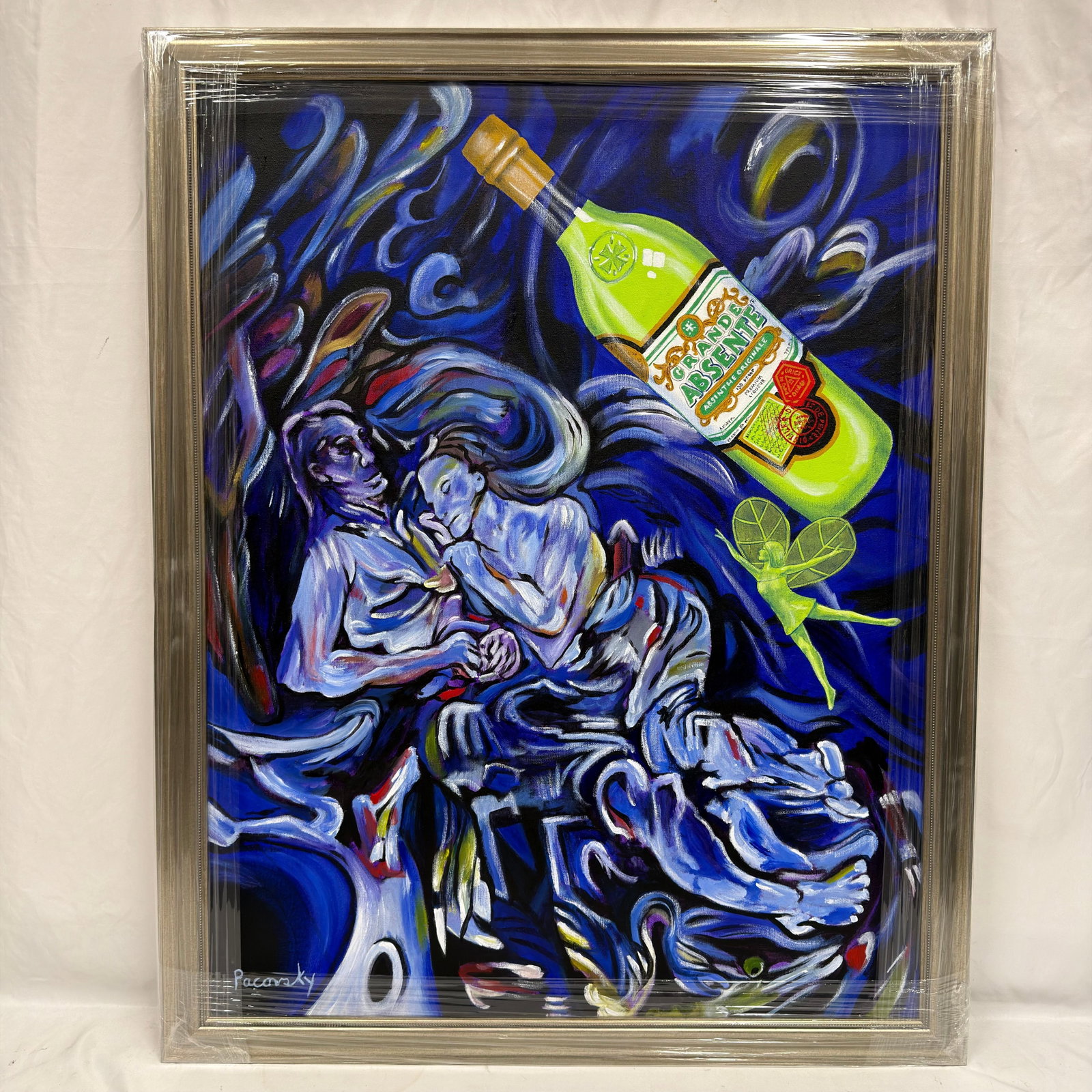 Signed Pacovsky Acrylic on Canvas Absente Surrealist Painting Homage Kokoschka: Original acrylic on canvas painting signed Pacovsky lower left. This expressive surreal composition depicts an embracing couple rendered in bold blue tones alongside a floating Grande Absente absinthe