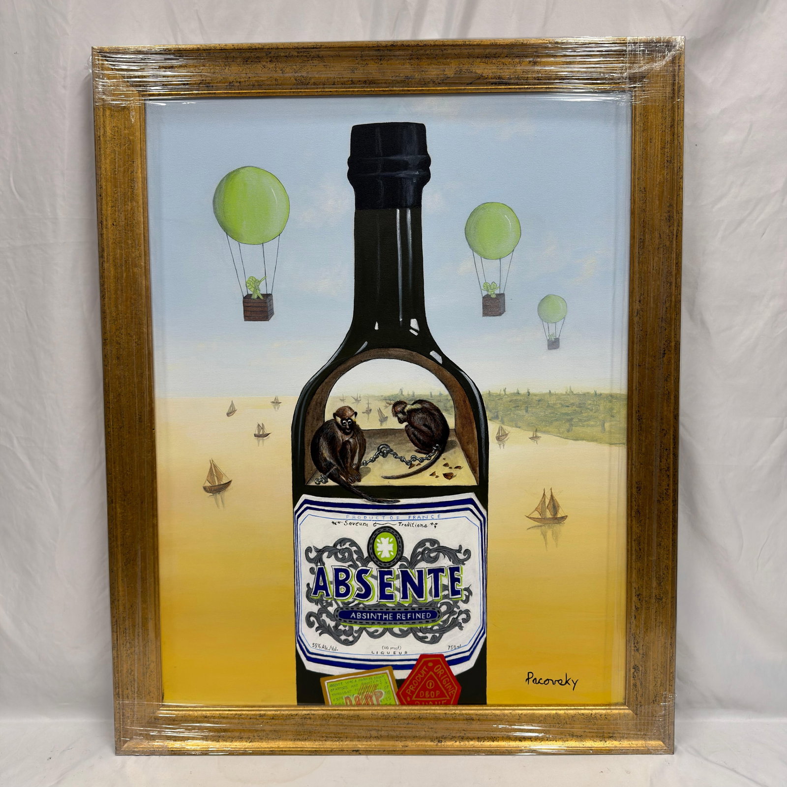 Signed Pacovsky Acrylic on Canvas Absente Surrealist Painting Homage Bruegel: Original acrylic on canvas painting signed Pacovsky lower right. Homage A Bruegel. This surreal composition features a large Absente Absinthe Refined bottle set against a tranquil water scape with sai