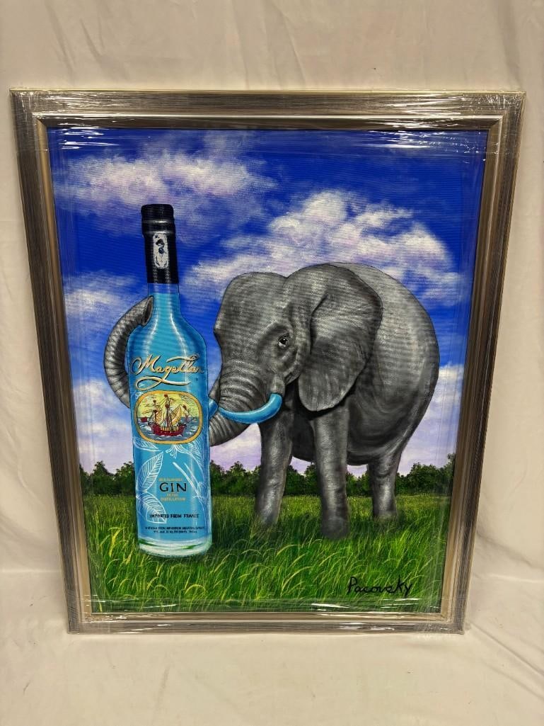 Elephant Signed Pacovsky Acrylic on Canvas Magellan Gin: Elephant - Magellan Original Acrylic by John Pacovsky. Original acrylic on canvas painting signed by Pacovsky. This item is in pre-owned, previously displayed condition with light wear and surfac
