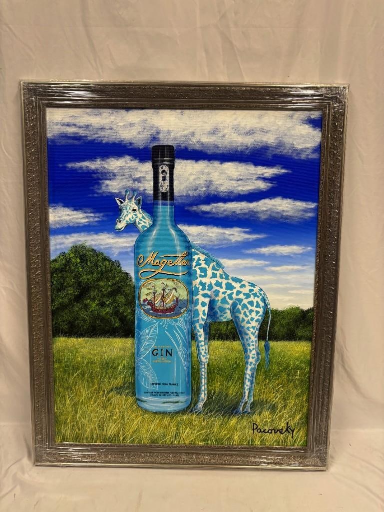 Acrylic on Canvas Signed by Pacovsky Magellan Gin Blue Giraffe: Blue Giraffe - Magellan Original Acrylic by John Pacovsky. Original acrylic on canvas painting signed by Pacovsky. This item is in pre-owned, previously displayed condition with light wear and su