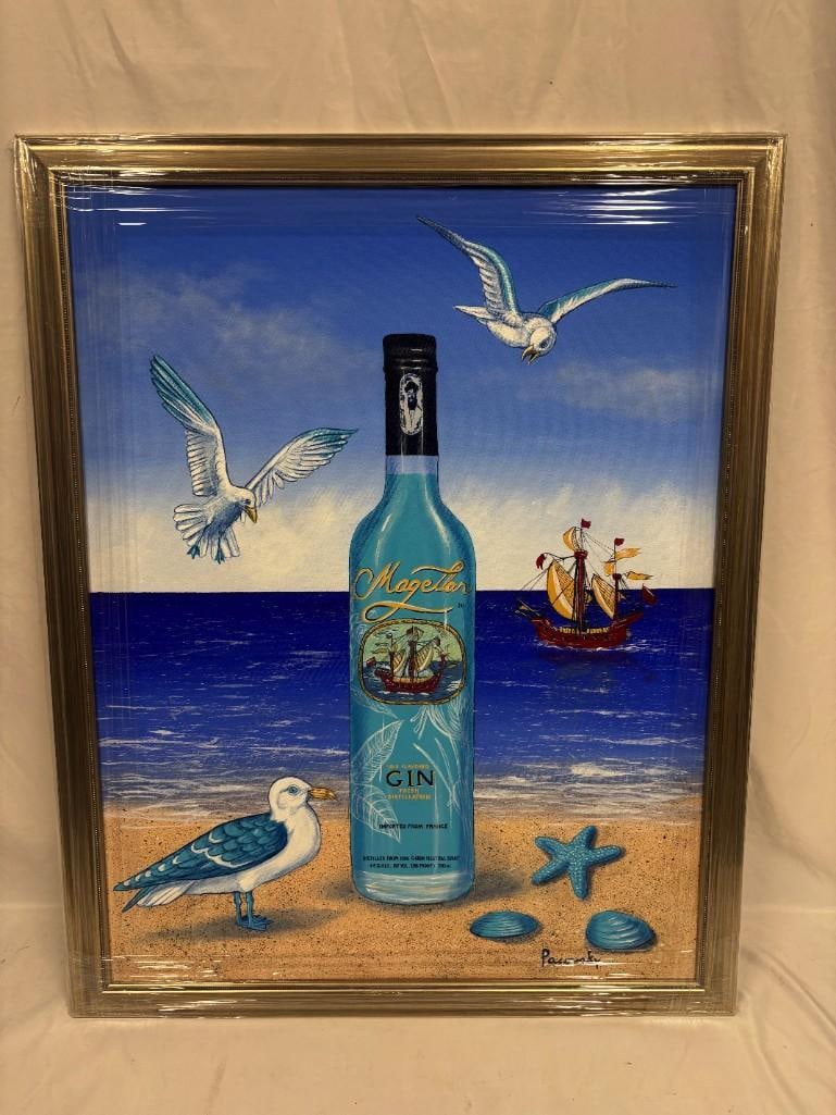Original Acrylic on Canvas Signed by Pacovsky Magellan Gin Seagulls: Seagulls - Magellan Original Acrylic by John Pacovsky. Original acrylic on canvas painting signed by Pacovsky. This item is in pre-owned, previously displayed condition with light wear and surface scr