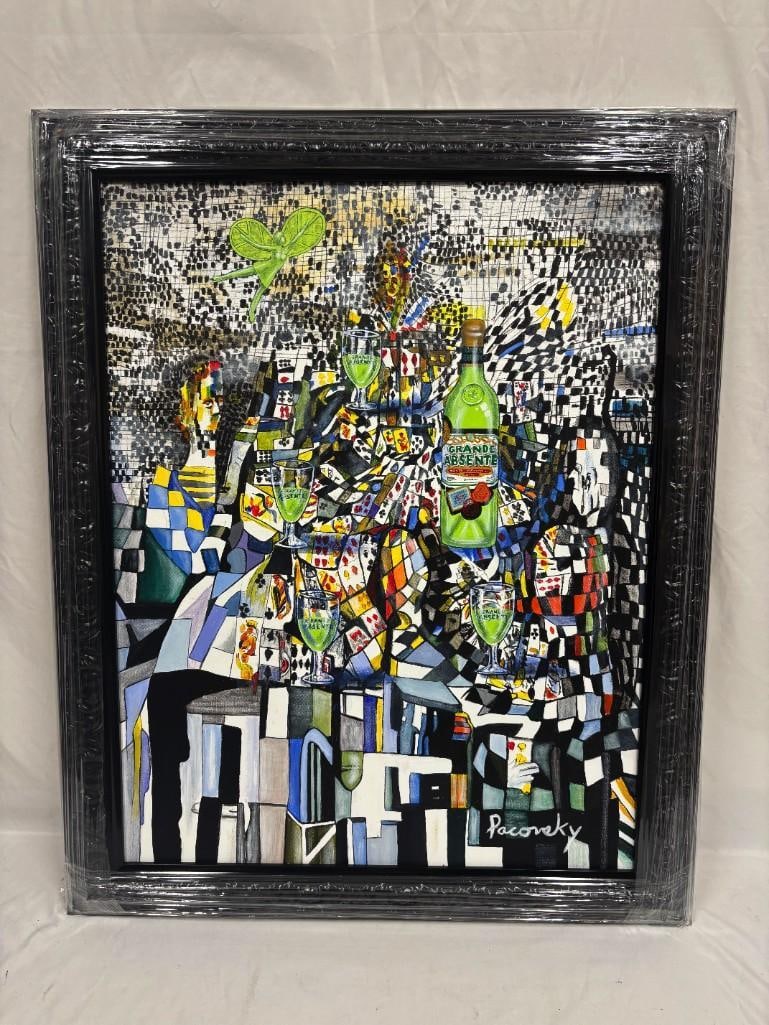 Helena Vieira da Silva Inspired Absente Absinthe Original Acrylic Signed Pacovsky Card: Original acrylic on canvas painting, signed Pacovsky. Maria Helena Vieira da Silva-inspired Absente Original Acrylic by John Pacovsky. Reimagined with a Grande Absente absinthe bottle. This 