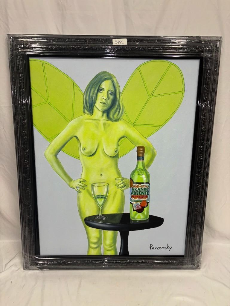 Original Acrylic on Canvas Signed Pacovsky Absente Absinthe Green Fairy Black Table: Original acrylic on canvas painting, signed Pacovsky. "The Black Table" Absente Original Acrylic by Pacovsky. Reimagined with a Grande Absente absinthe bottle and a green fairy. This item is i