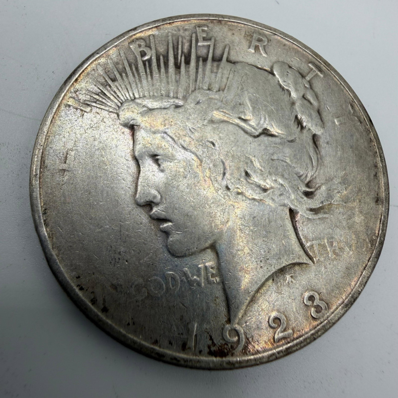 1923 Peace Dollar D Mint Silver Coin: This coin has been carefully examined and researched before listing. Please view the photos, as they are a part of the condition. DETAILS: Metal - .900 Silver Tested - Yes Size - 1.5" Weight - 26.