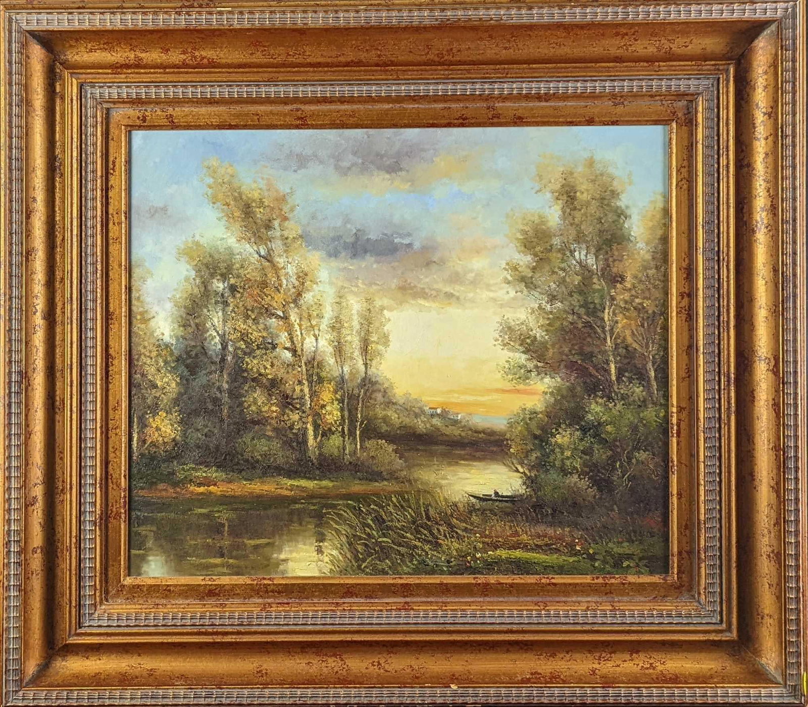 Vintage Framed Original Acrylic On Canvas: Vintage Framed Original Acrylic On Canvas. This unsigned original shows a river surrounded by trees, along with a house in the background. On the river, a lonely fisherman slowly takes in the scenery.