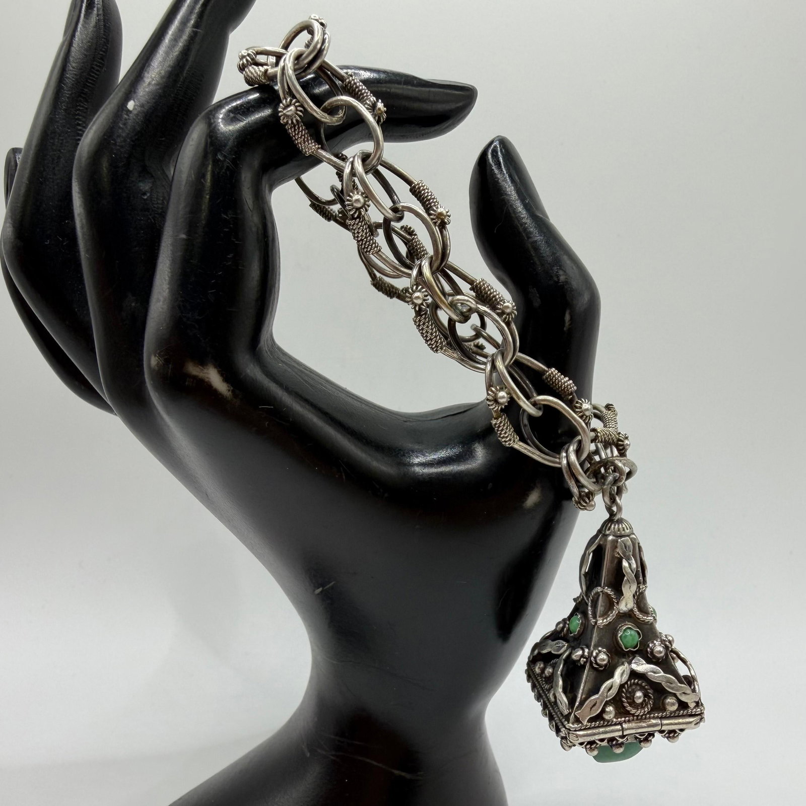 Italy 800 Silver Flower Motif Silverwork Bracelet Locket Charm ER40: This item is in pre-owned, previously used/displayed condition with noticeable light wear and surface scratches. Please reference all photos for full details. This piece of jewelry has been carefully 