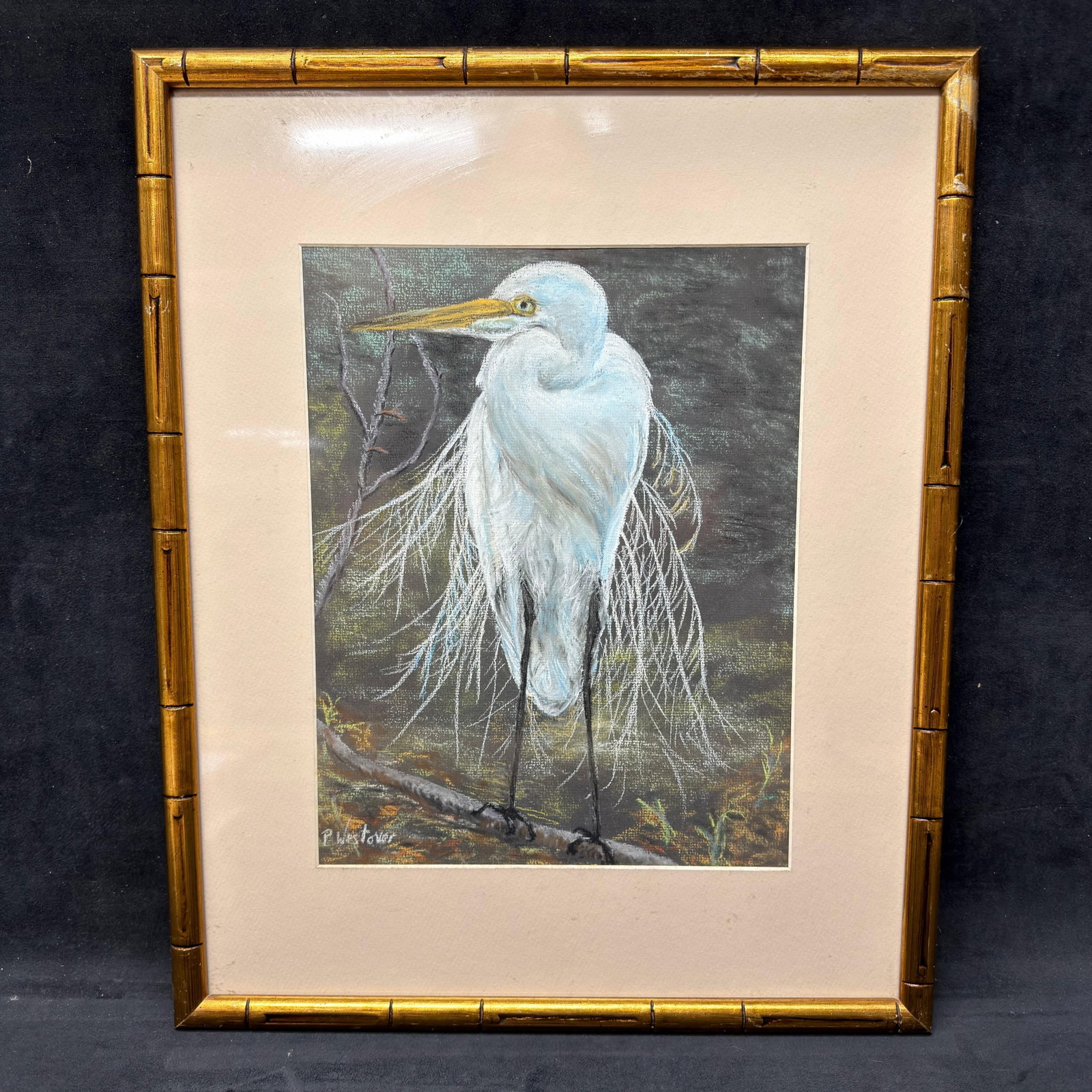 Framed Great Egret Wildlife Pastel Artwork Artist Signed White Bird (1 of 5)